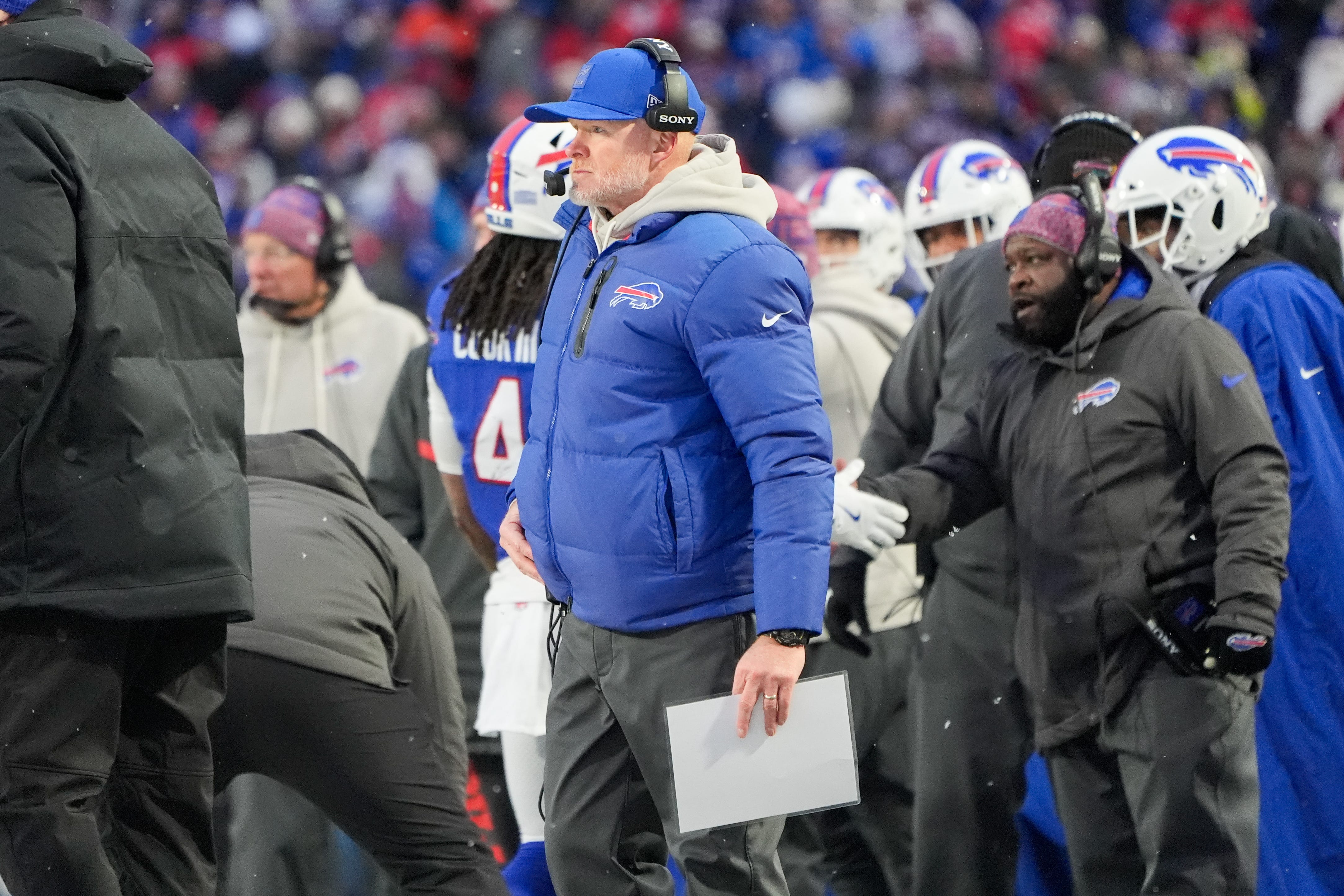 Dec 7, 2025; Orchard Park, New York, USA; Buffalo Bills head coach Sean McDermott looks on during the fourth quarter against the Cincinnati Bengals at Highmark Stadium. Mandatory Credit: Gregory Fisher-Imagn Images