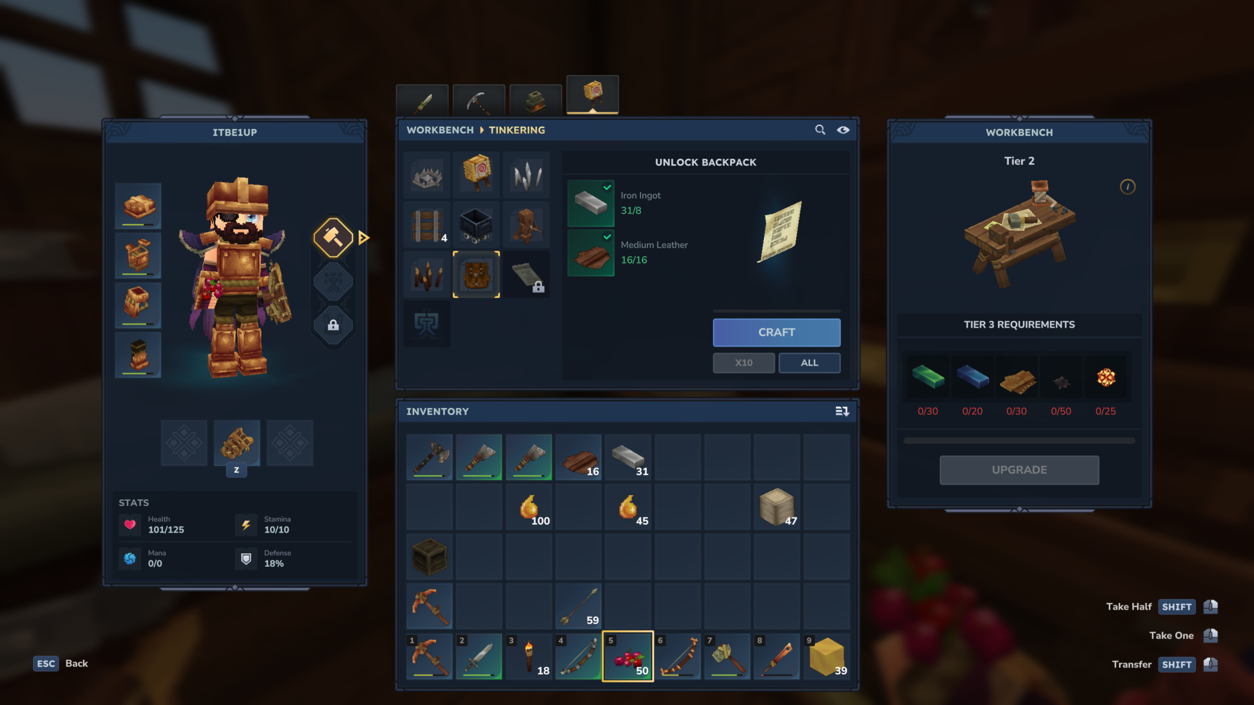 Hytale backpack: The 'unlock backpack' recipe in the Workbench.