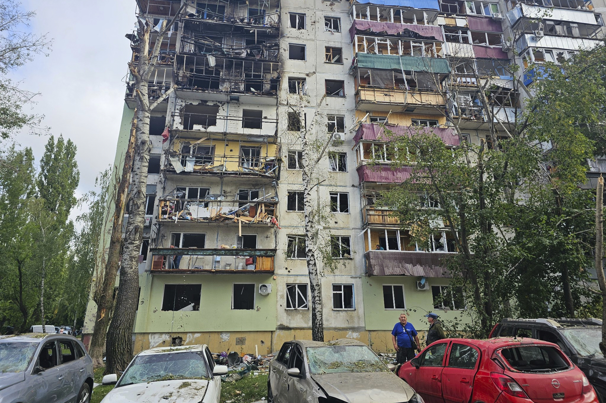 This photo released by the press service of the government of Kursk region, shows the aftermath of drone attack in Kursk, Russia, Friday, Aug. 15, 2025. (Alexander Protasov, The Press Service of the Government of Kursk Region via AP)