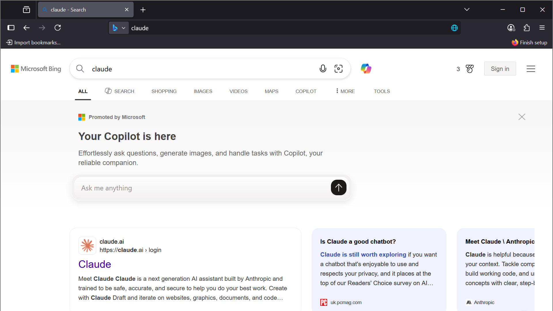 A screenshot of Mozilla's Firefox browser, showing the Bing search result for 'Claude', with the resulting Copilot prompt bar.