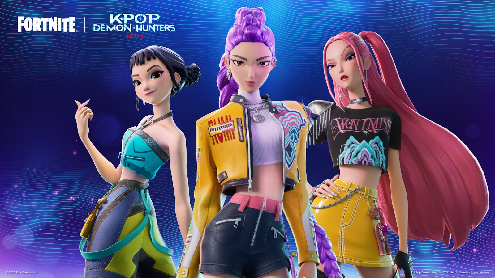 Zoey, Rumi, and Mira in the Fortnite collaboration with K-Pop Demon Hunters.