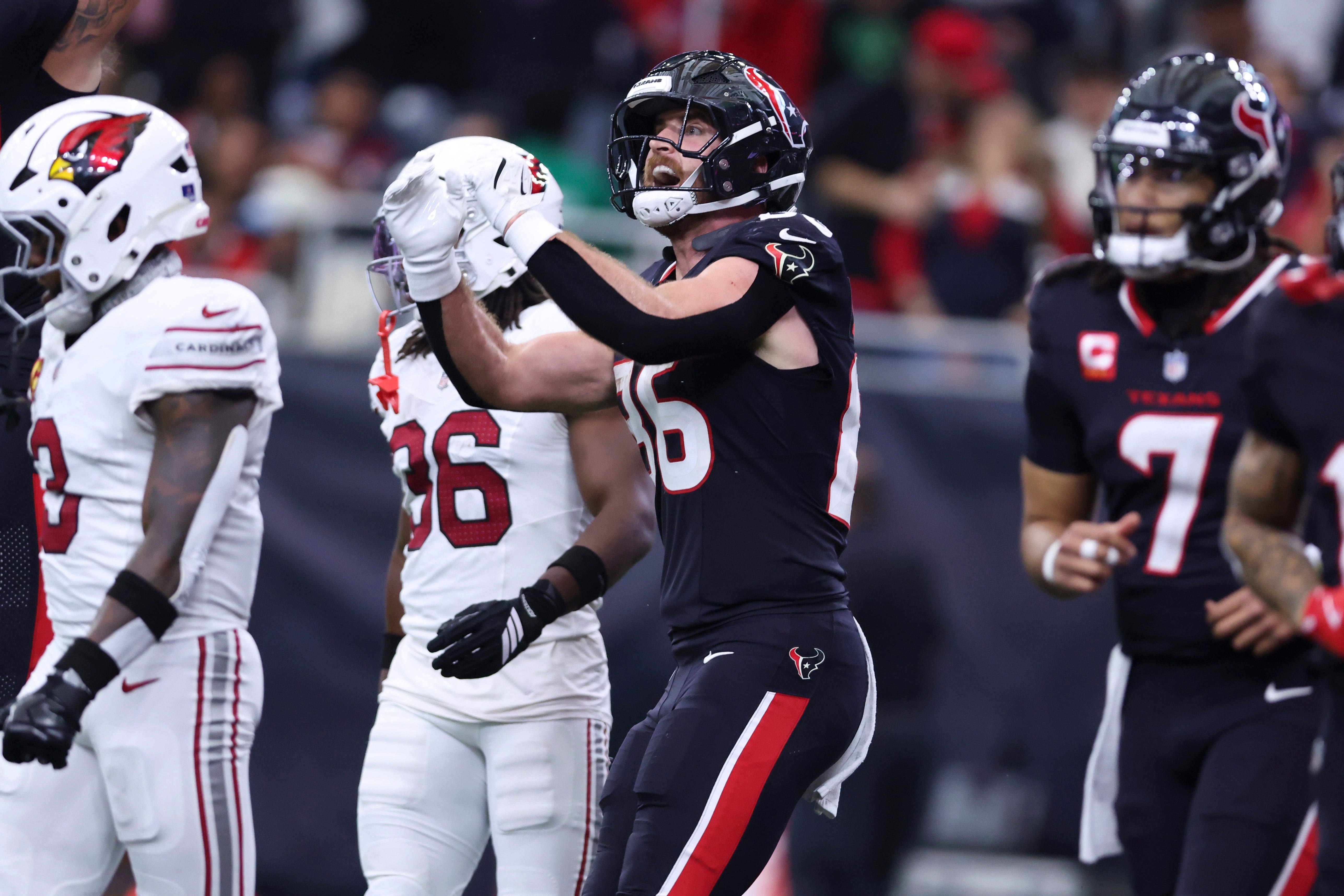 Dec 14, 2025; Houston, Texas, USA; Houston Texans tight end Dalton Schultz (86) celebrates after a touchdown during the game against the Arizona Cardinals at NRG Stadium. Mandatory Credit: Troy Taormina-Imagn Images