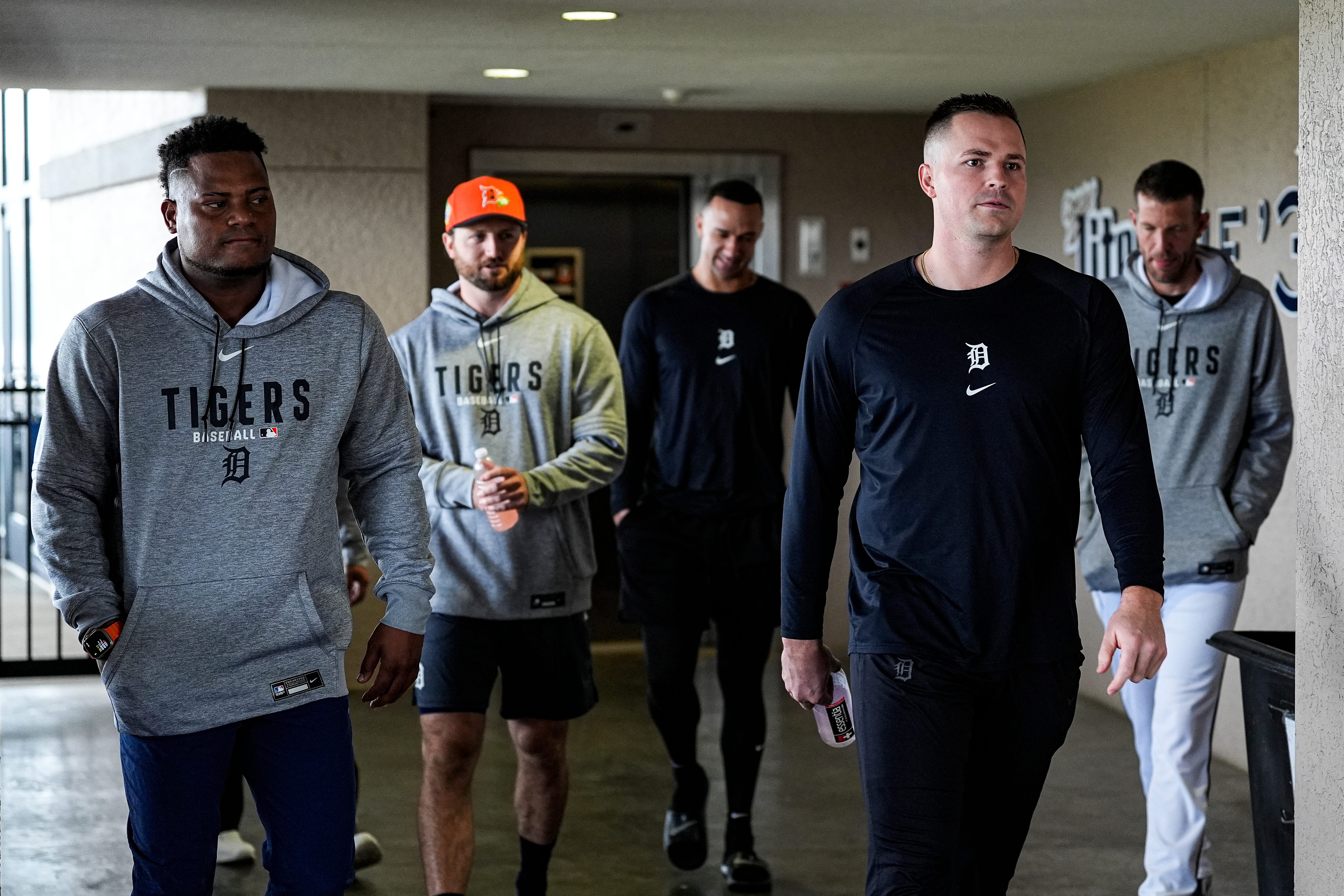 From left, Detroit Tigers pitcher Framber Valdez, pitcher Casey Mize, pitcher Jack Flaherty, pitcher Tarik Skubal, and pitching coach Chris Fetter arrive for Justin Verlander&rsquo;s introductory press conference at the 34 Club of Joker Marchant Stadium on Thursday, Feb. 12, 2026.