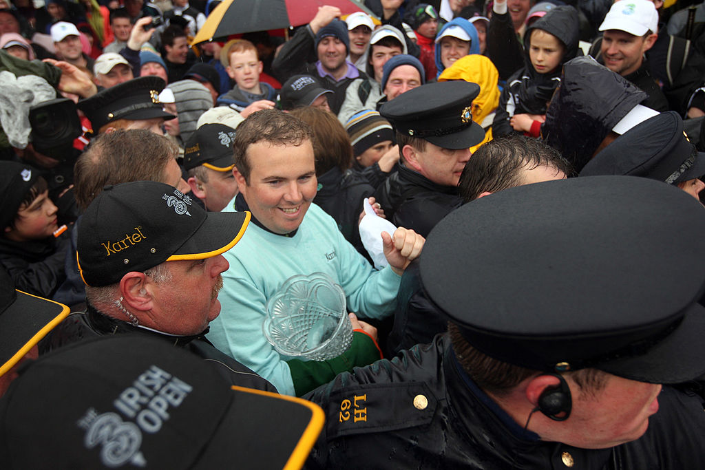 BALTRAY, IRELAND - MAY 17: Shane Lowry of Ireland with the winners trophy after winning on the third play-off hole during the final round of The 3 Irish Open at County Louth Golf Club on May 17, 2009 in Baltray, Ireland. (Photo by Ross Kinnaird/Getty Images)