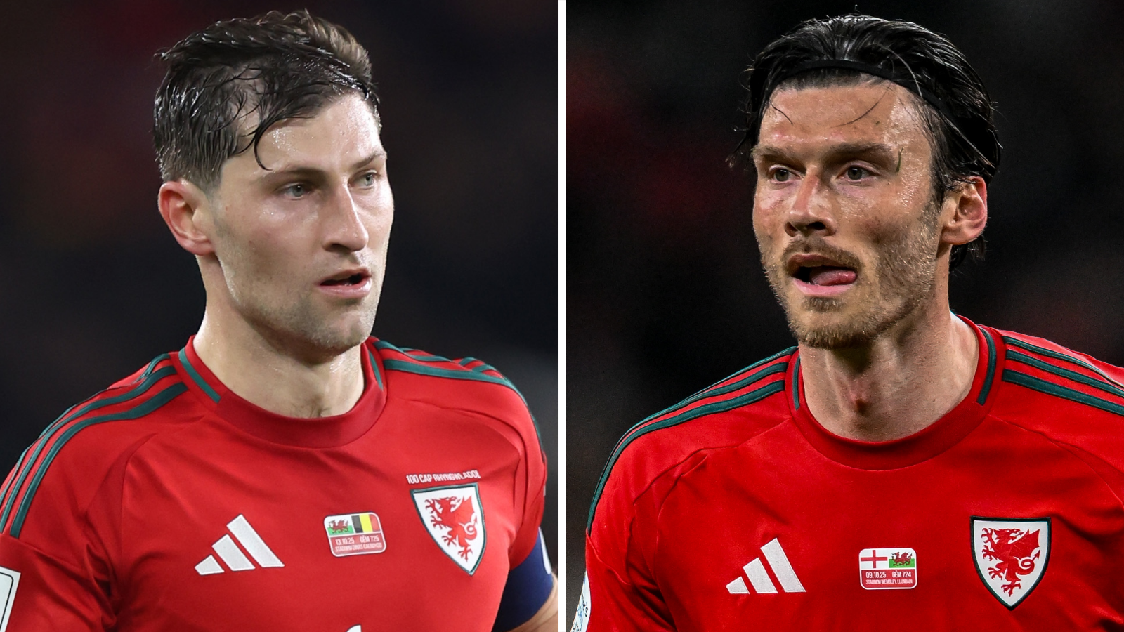 Two pictures of Ben Davies and of Kieffer Moore playing for Wales