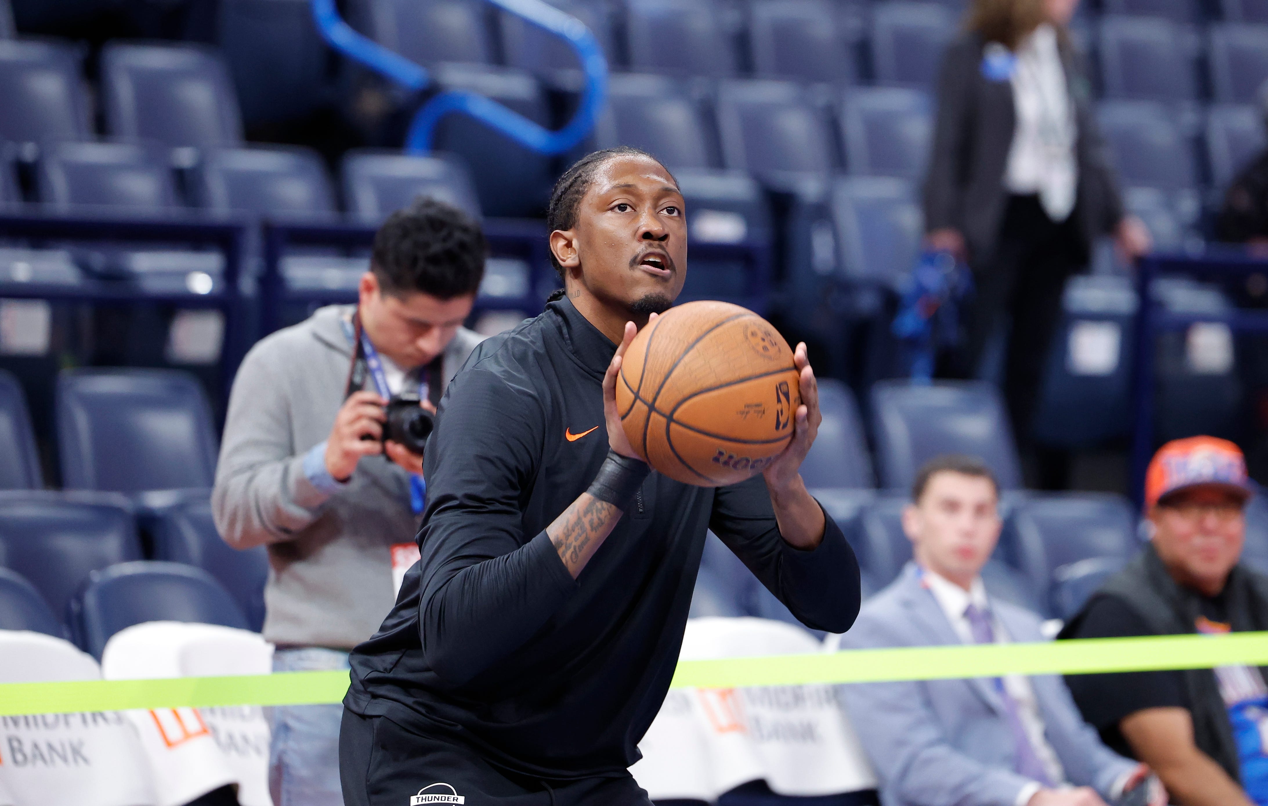 Nov 28, 2025; Oklahoma City, Oklahoma, USA; Oklahoma City Thunder guard Jalen Williams warms up before the start of a game against the Phoenix Suns at Paycom Center. Mandatory Credit: Alonzo Adams-Imagn Images