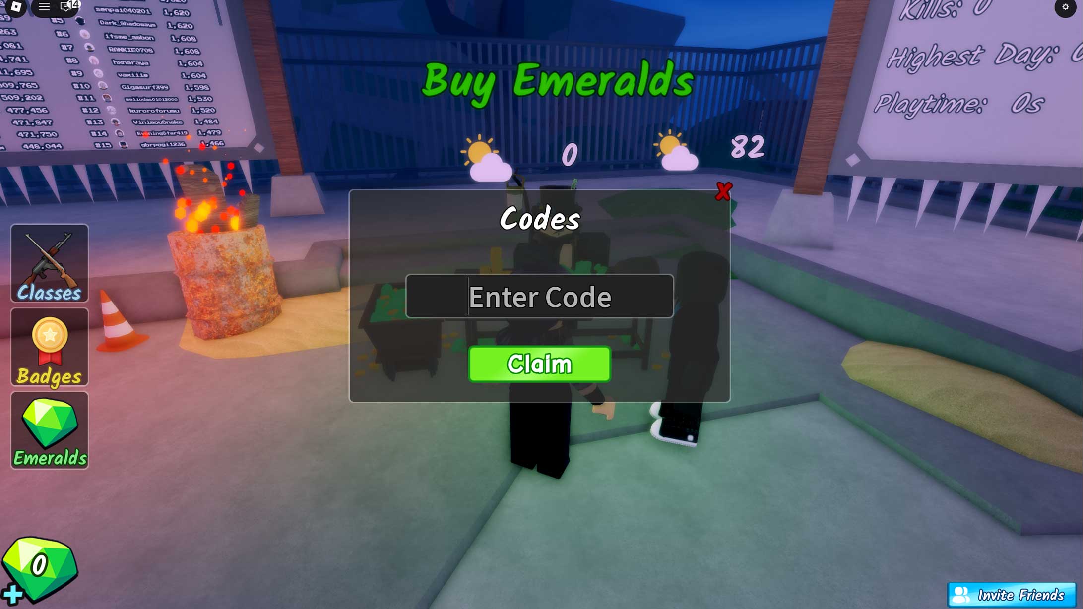 The menu for redeeming codes in Survive the Apocalypse