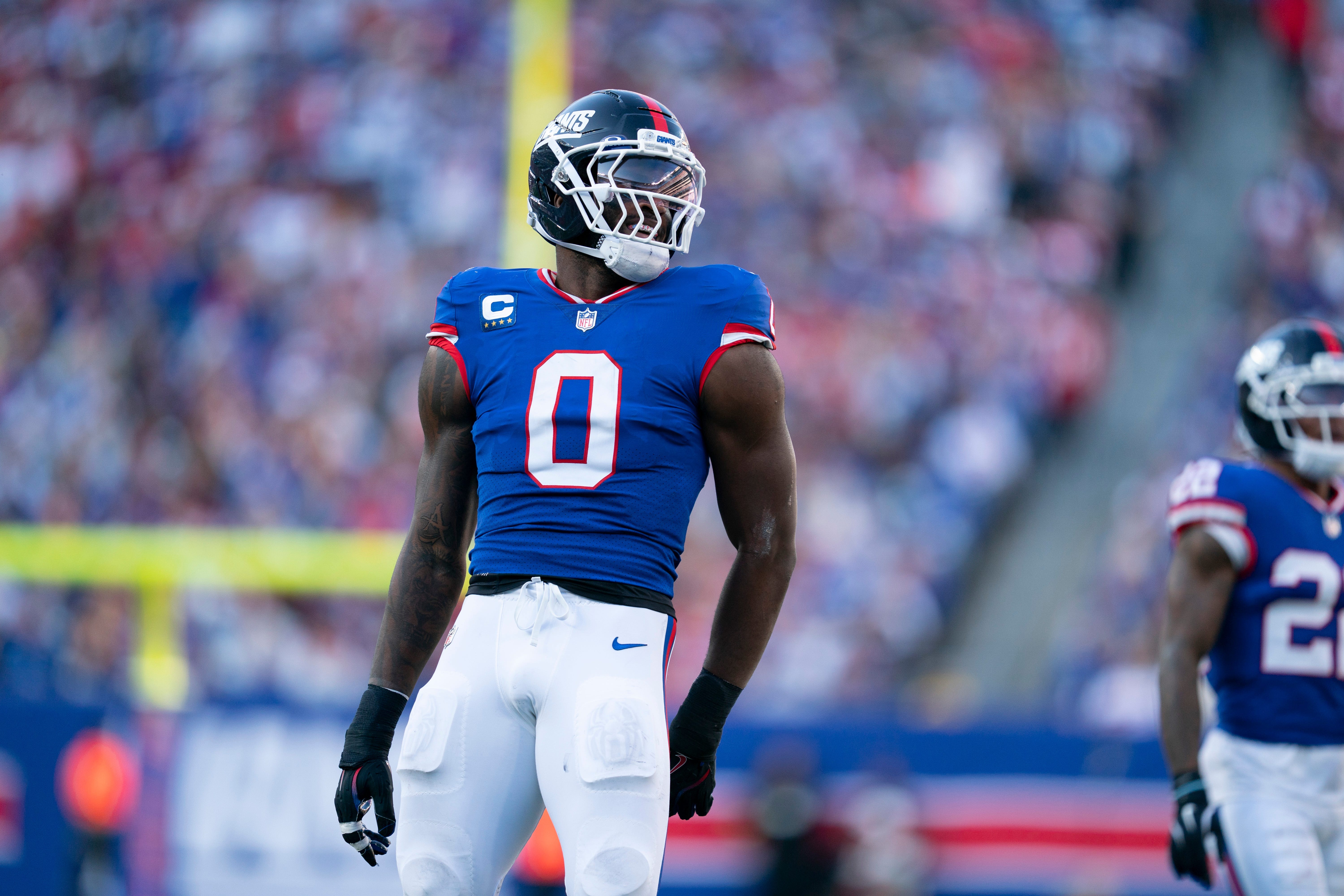 New York Giants linebacker Brian Burns (0) celebrates after breaking up a pass during a week 9 game between New York Giants and San Francisco 49ers at MetLife Stadium on Sunday, Nov. 2, 2025.