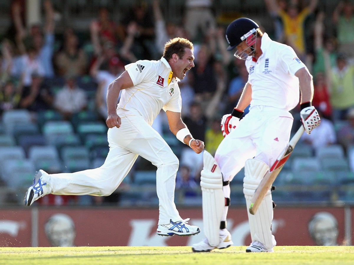 Ryan Harris of Australia celebrates the wicket of Paul Collingwood in Perth in December 2010 (Getty Images)