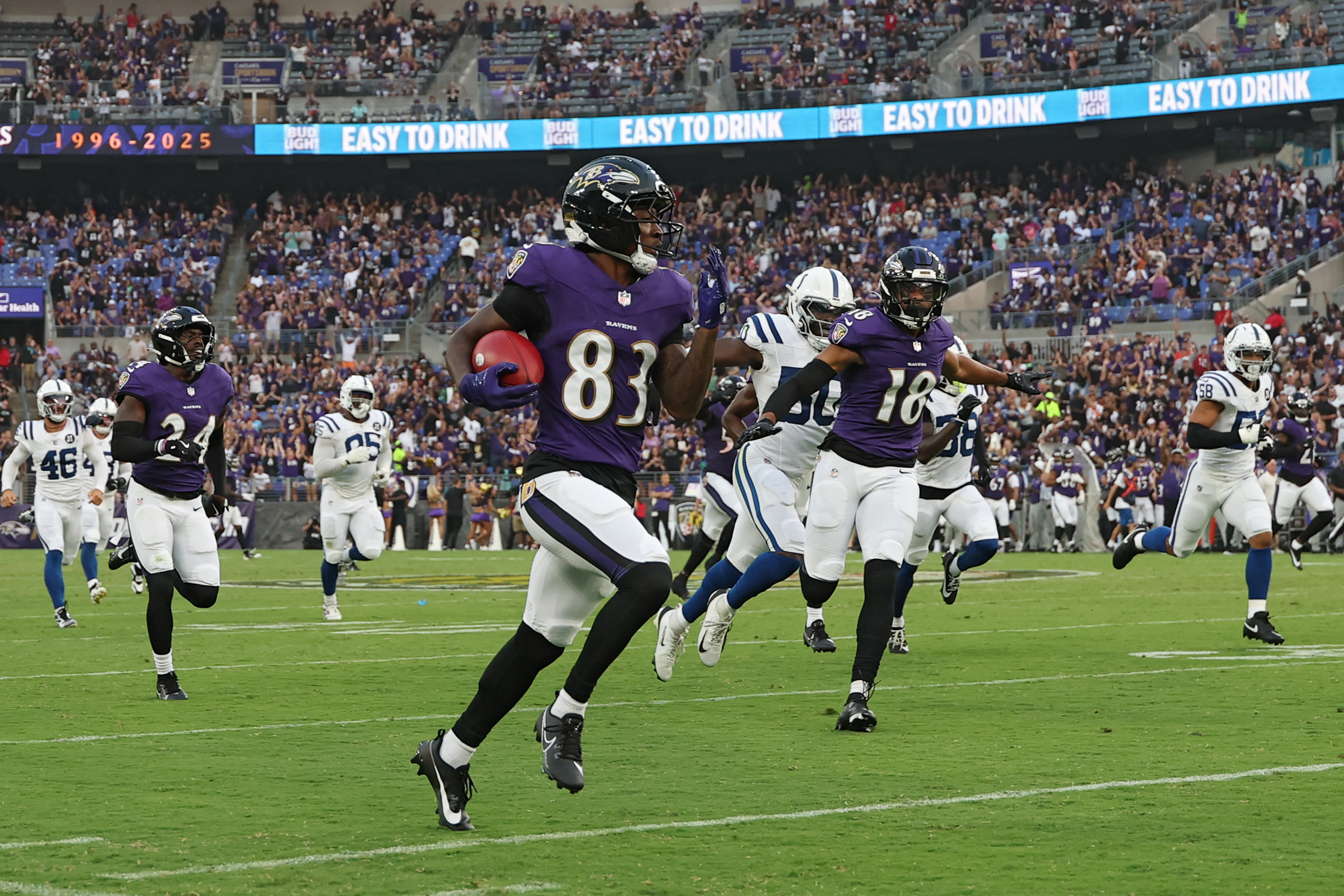 BALTIMORE, MARYLAND - AUGUST 07: Wide receiver LaJohntay Wester #83 of the Baltimore Ravens scores a touchdown against the Indianapolis Colts in the first half during the NFL Preseason 2025 game between Indianapolis Colts and Baltimore Ravens at M&T Bank Stadium on August 7, 2025 in Baltimore, Maryland. (Photo by Patrick Smith/Getty Images)