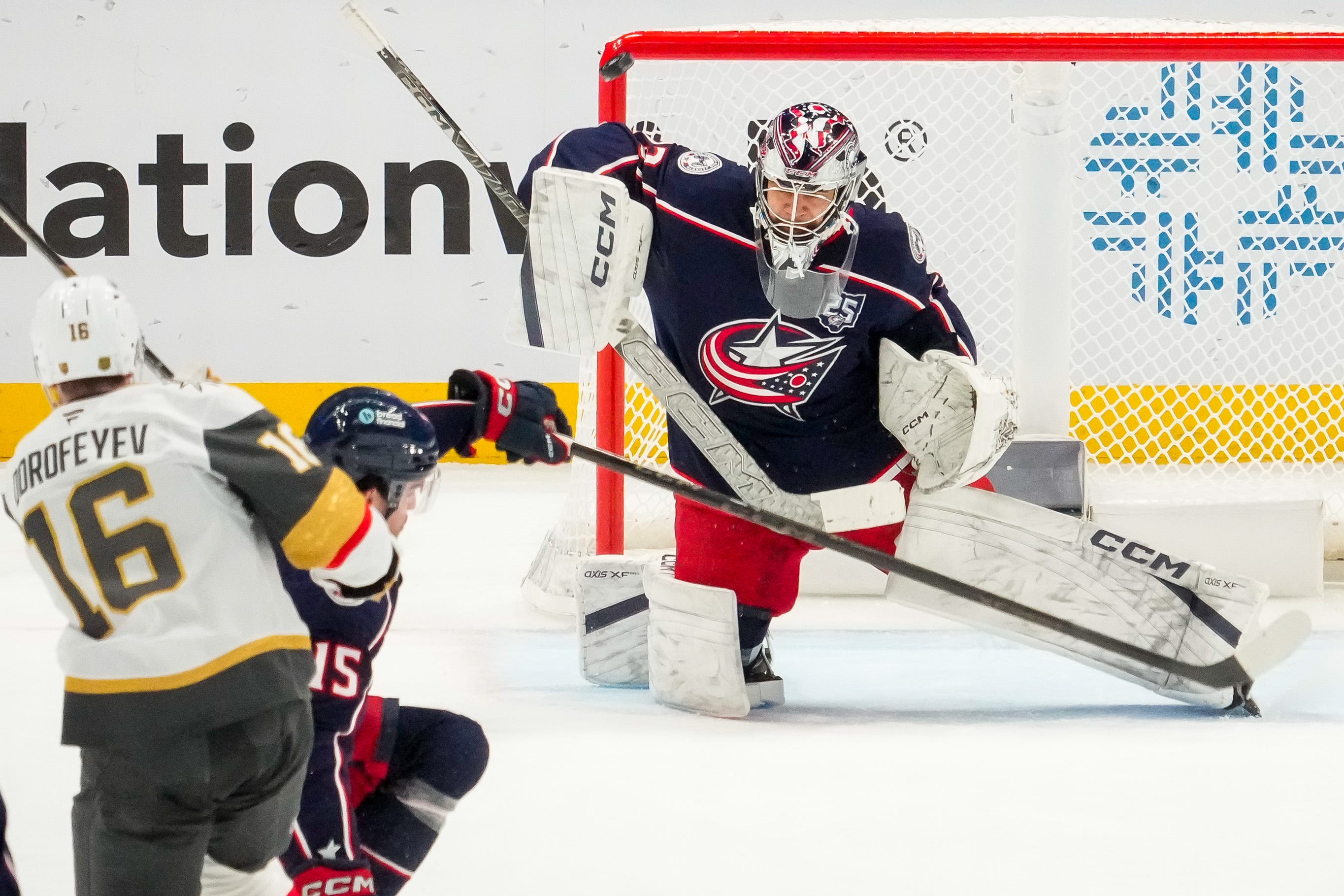 Columbus Blue Jackets goaltender Jet Greaves (73) blocks a shot in the second period of the NHL game at Nationwide Arena on Saturday, Dec. 13, 2025 in Columbus, Ohio.