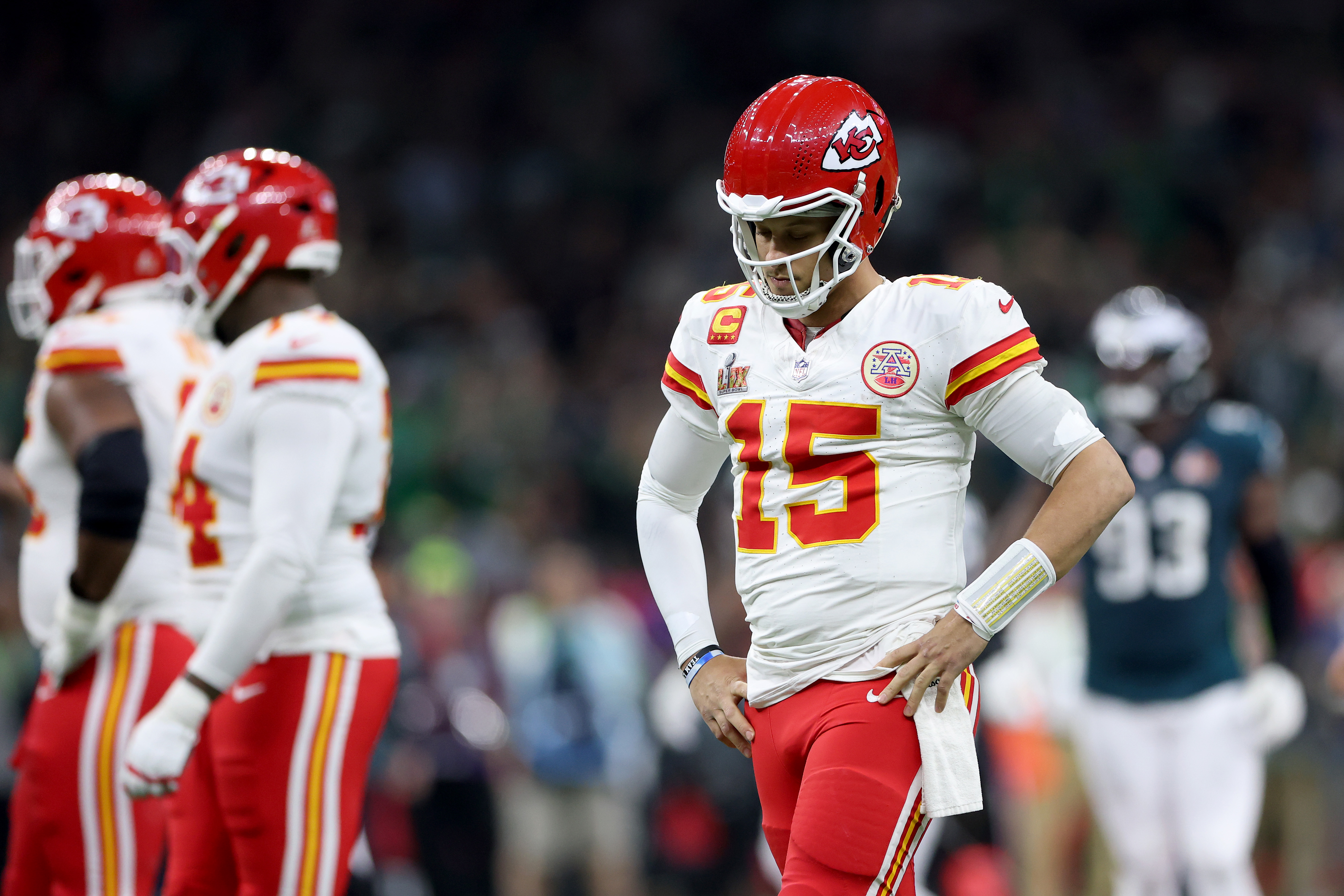 NEW ORLEANS, LOUISIANA - FEBRUARY 09: Patrick Mahomes #15 of the Kansas City Chiefs reacts in the third quarter against the Philadelphia Eagles during Super Bowl LIX at Caesars Superdome on February 09, 2025 in New Orleans, Louisiana. (Photo by Jamie Squire/Getty Images)