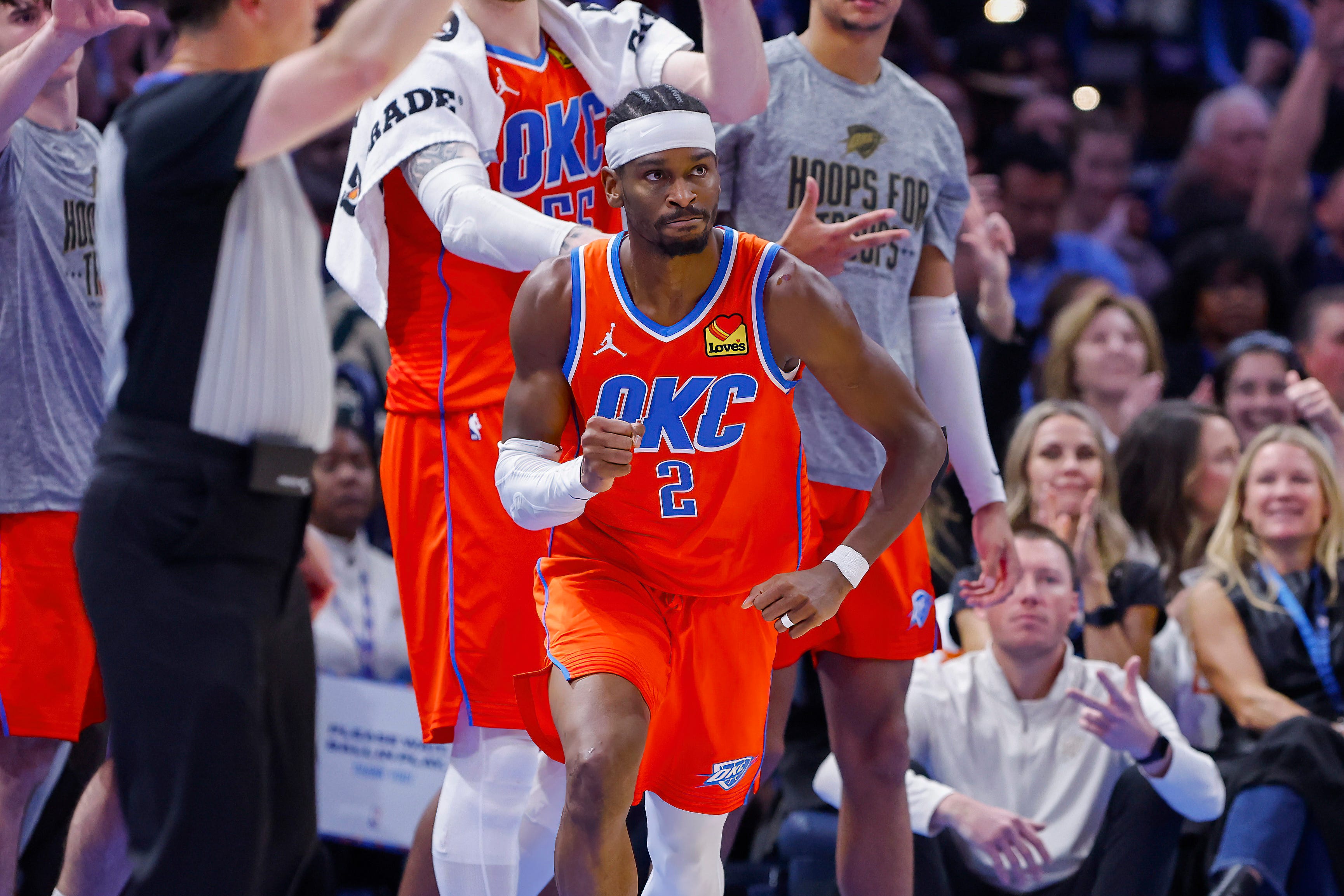 Nov 11, 2025; Oklahoma City, Oklahoma, USA; Oklahoma City Thunder guard Shai Gilgeous-Alexander (2) reacts after scoring against the Golden State Warriors during the second half at Paycom Center. Mandatory Credit: Alonzo Adams-Imagn Images