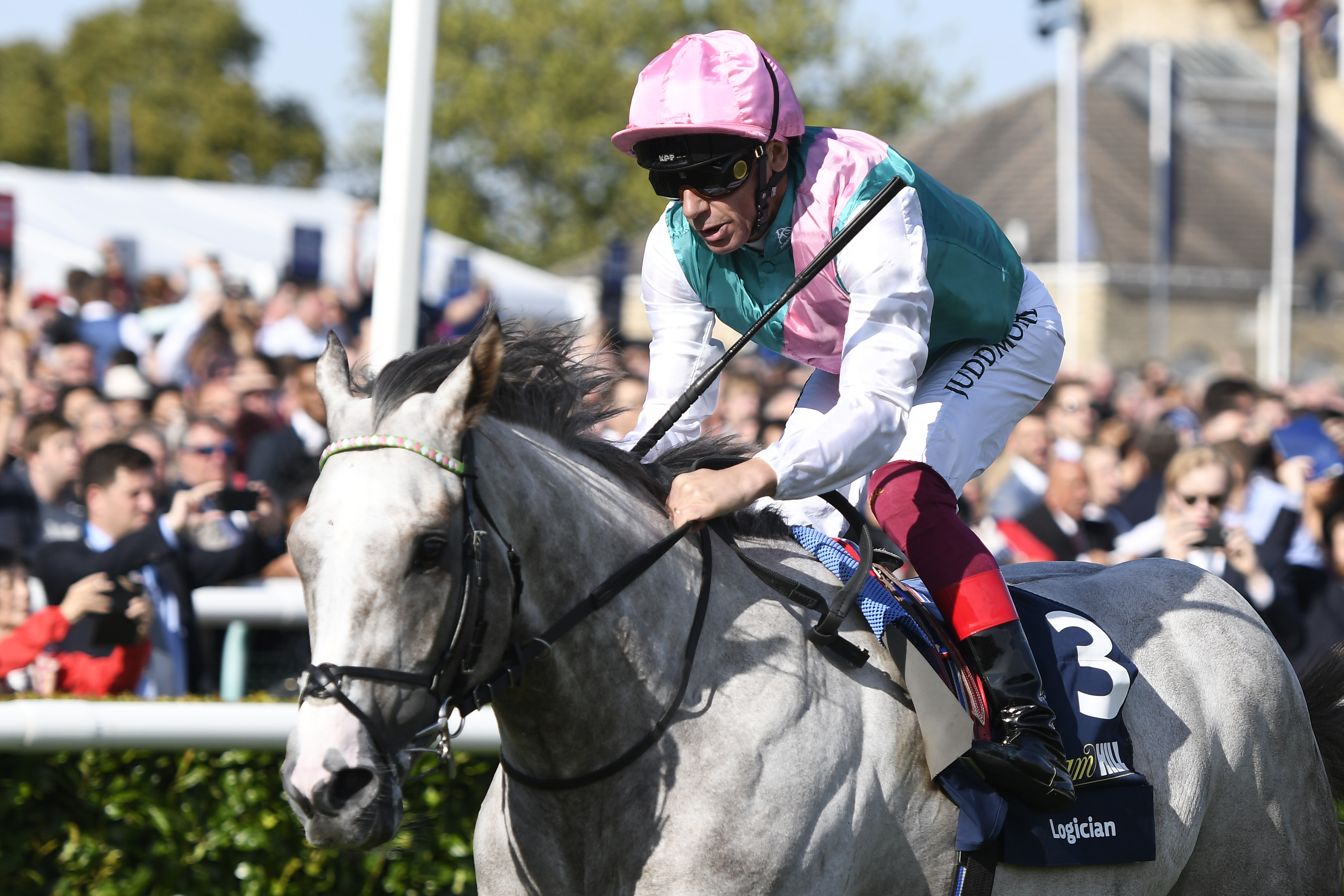 DONCASTER, ENGLAND - SEPTEMBER 14: Jockey Frankie Dettori riding Logician wins the William Hill St Leger Stakes during St Leger Day at Doncaster Racecourse on September 14, 2019 in Doncaster, England. (Photo by George Wood/Getty Images)