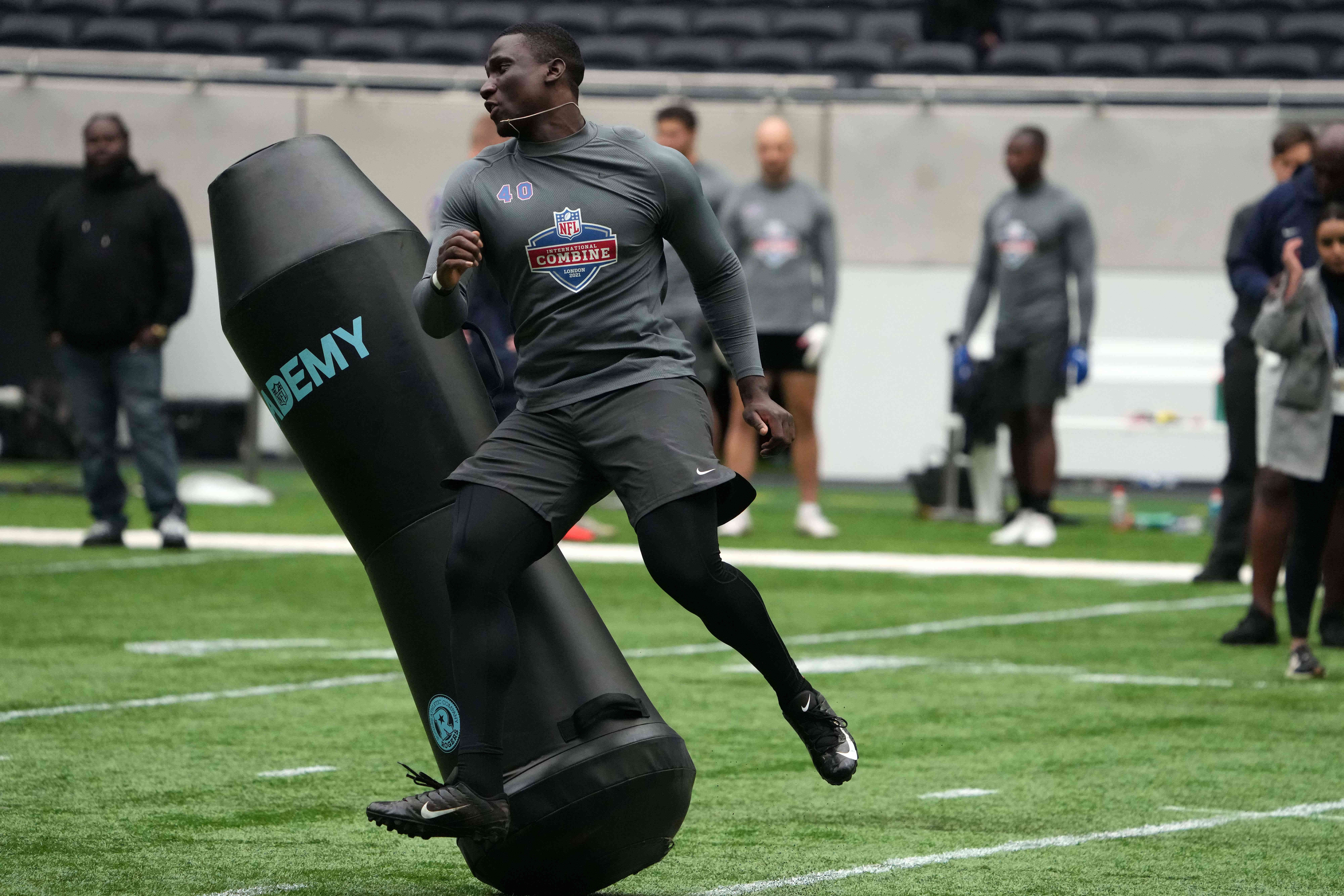 Oct 12, 2021; London, United Kingdom; Adedayo Odeleye (GBR) during the NFL International Combine at Tottenham Hotspur Stadium. Mandatory Credit: Kirby Lee-USA TODAY Sports