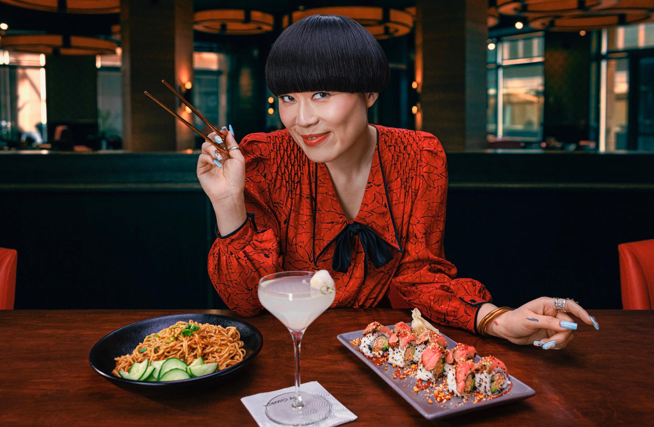 Atsuko Okatsuka eating P.F. Chang's