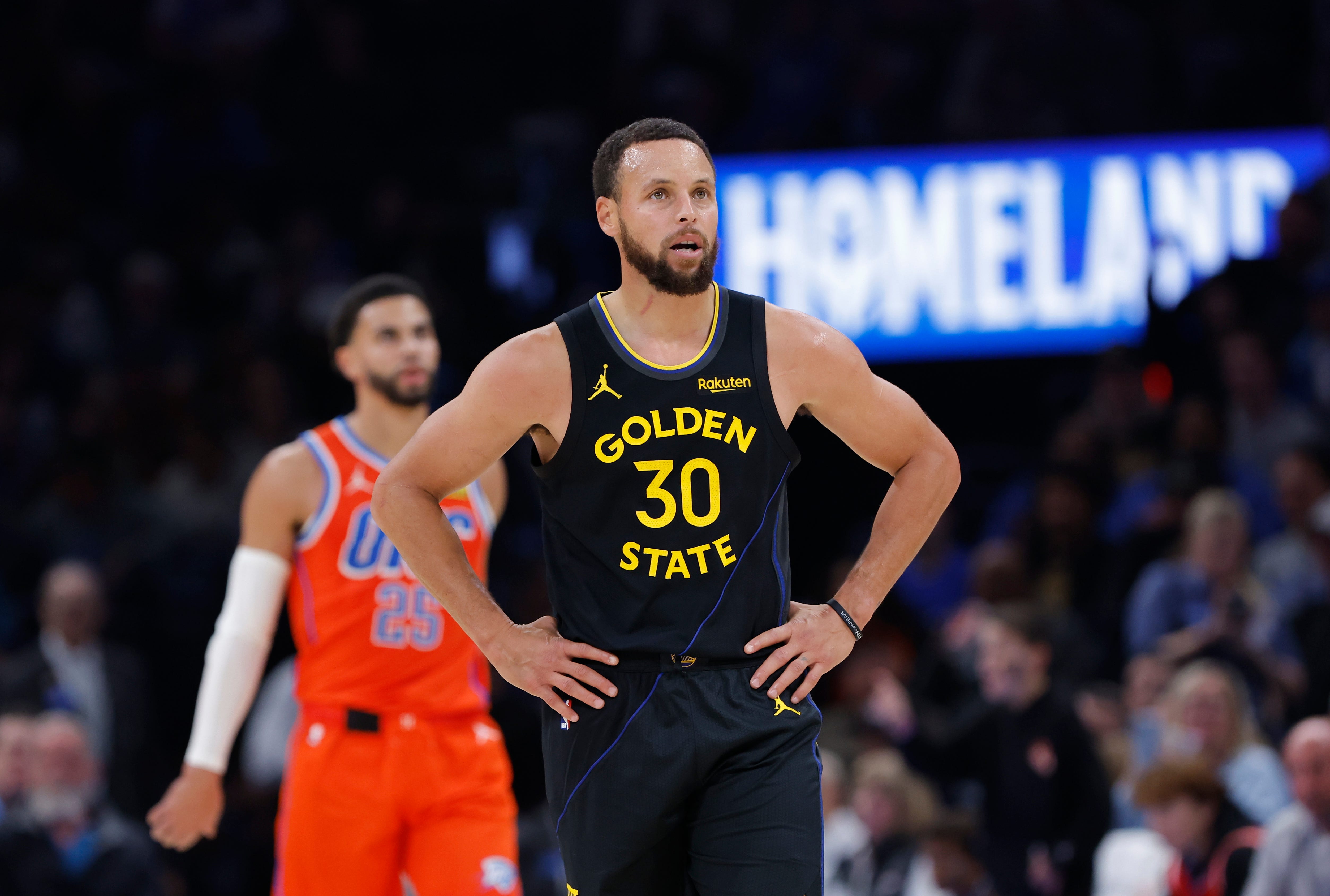 Nov 11, 2025; Oklahoma City, Oklahoma, USA; Golden State Warriors guard Stephen Curry (30) stands a play against the Oklahoma City Thunder during the second half at Paycom Center. Mandatory Credit: Alonzo Adams-Imagn Images