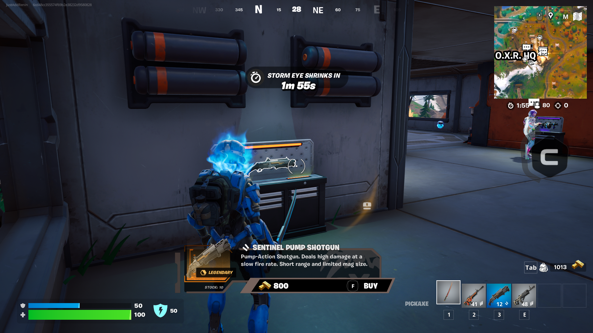 A sentinel Pump shotgun for sale in Fortnite, costing 800 gold. It's mounted on a wall in a grey room