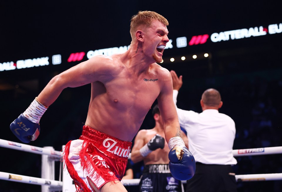 MANCHESTER, ENGLAND - JULY 05: Fraser Wilkinson celebrates victory over William Crolla as Referee John Latham stops the bout during their Super Welterweight fight on 'The Warrior Code' fight card at AO Arena on July 05, 2025 in Manchester, England. (Photo by Alex Livesey/Getty Images)