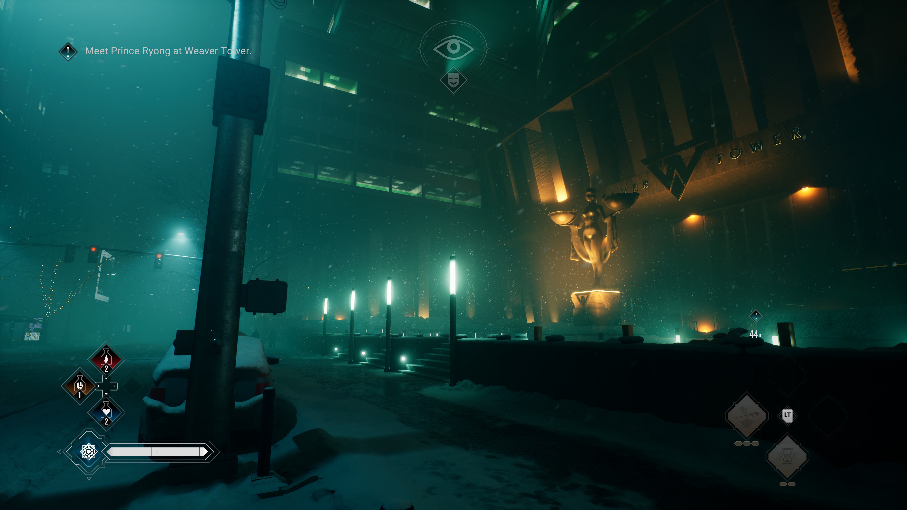 Outside of an imposing skyscraper