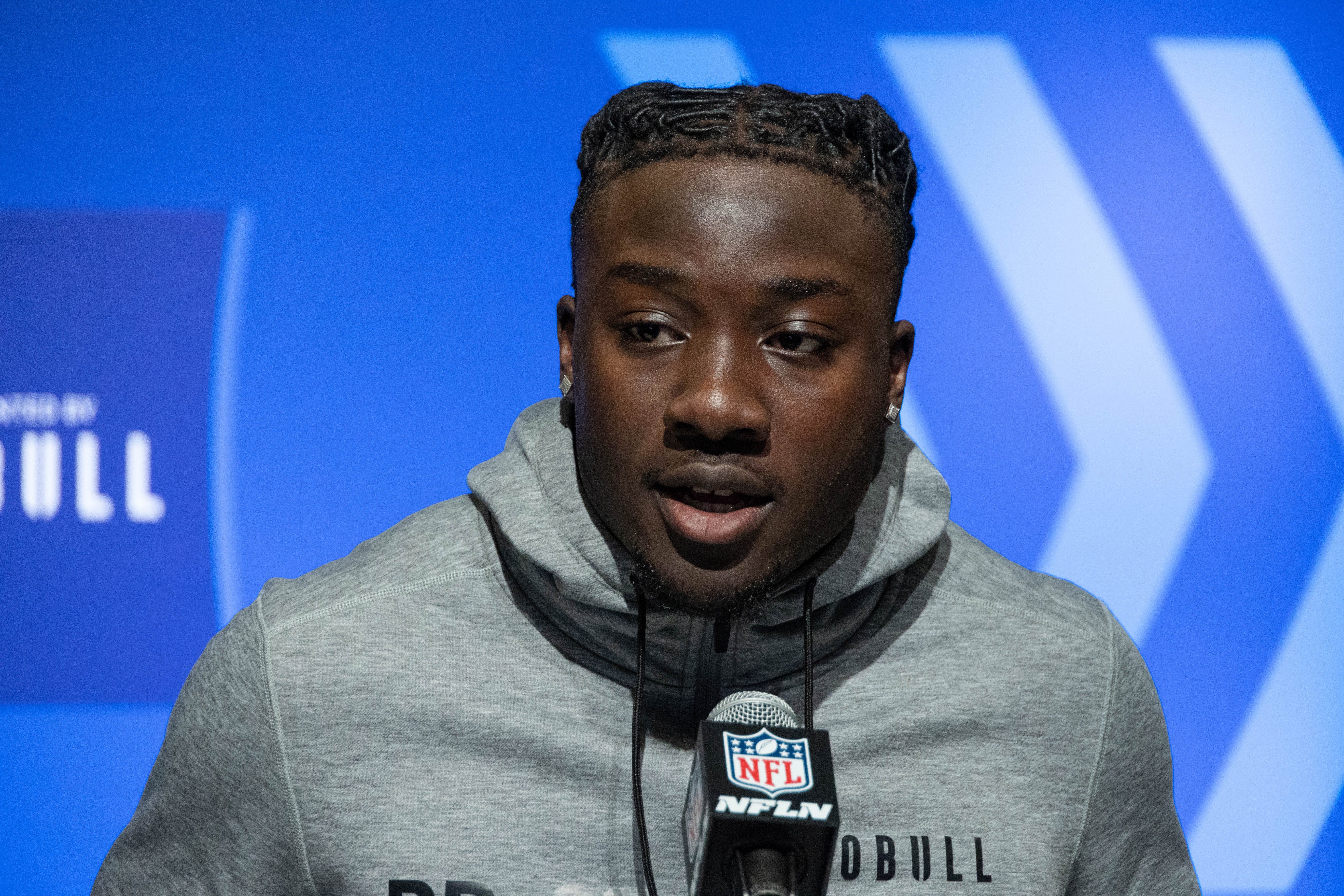 Mar 4, 2023; Indianapolis, IN, USA; Pittsburgh running back Israel Abanikanda (RB01) speaks to the press at the NFL Combine at Lucas Oil Stadium. Mandatory Credit: Trevor Ruszkowski-USA TODAY Sports