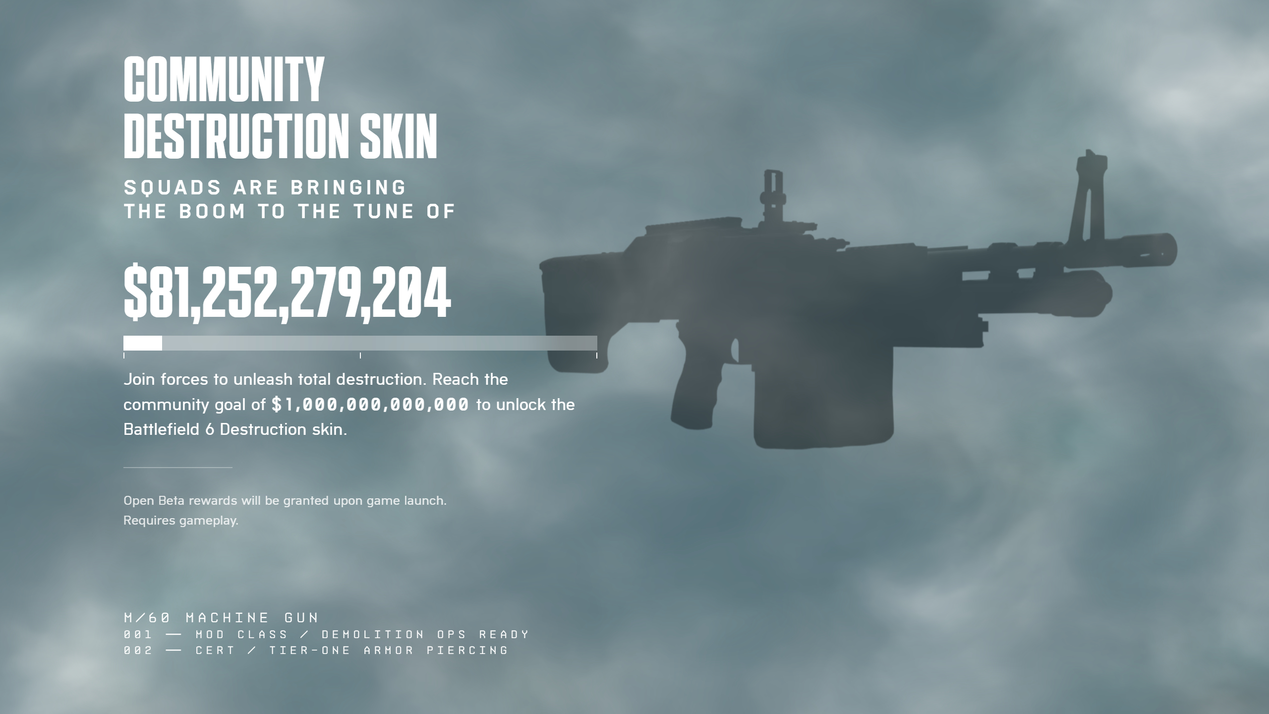 Battlefield 6 Destruction Receipts event: An infographic with a greyed-out M60 in the background showing the community progress towards this event, with $81,252,279,204 in large text.