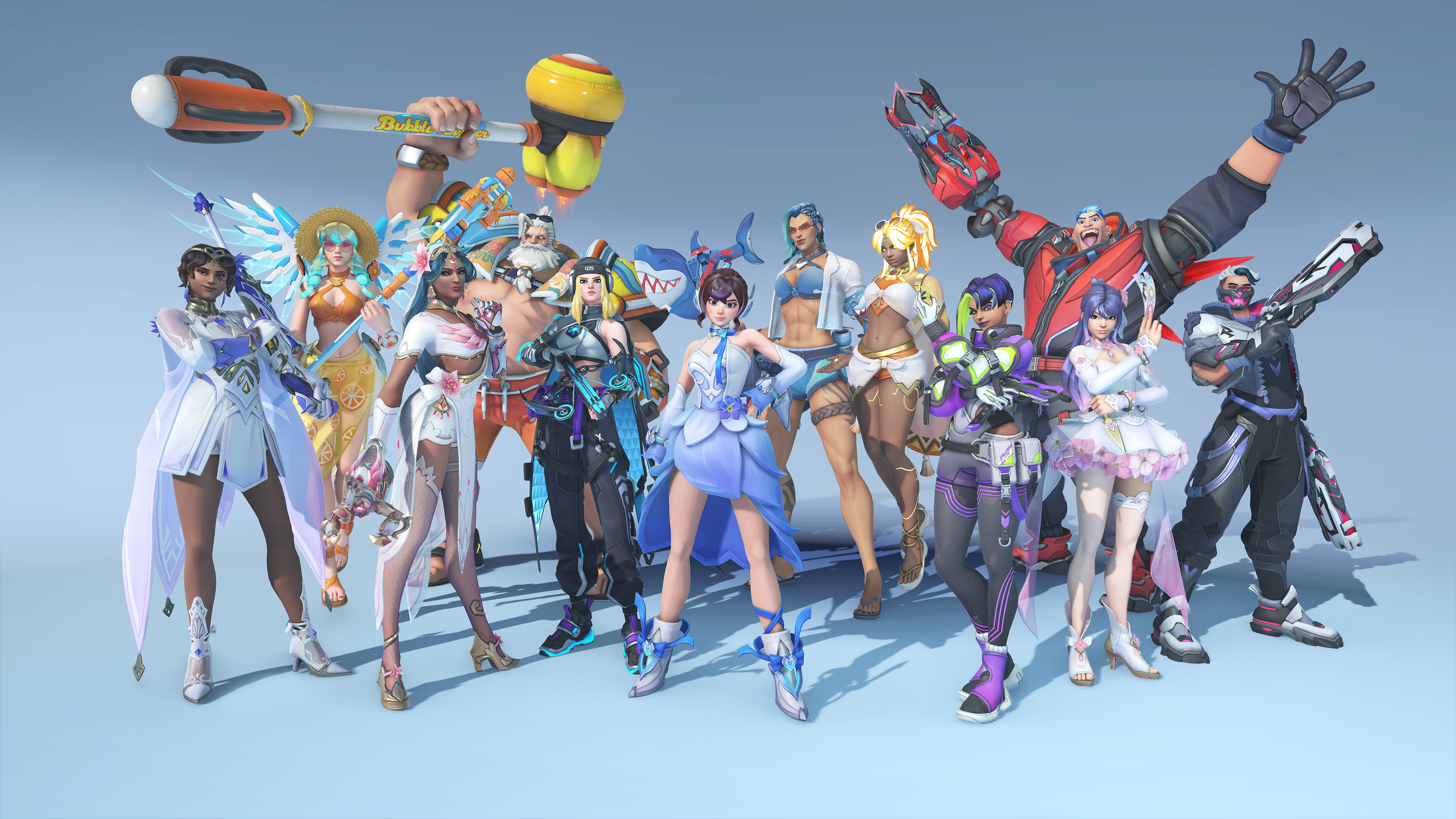 Several Overwatch 2 heroes wearing season 18 skins on a light blue background. From left to right: Ana wears a white see-through shirt and a short white skirt, Mercy has turquoise hair and a straw sun had and sunglasses, Symmetra has a white and pink shirt, Reinhardt is shirtless and holding an inflatable hammer, Juno has a light blue dress, Junker Queen is in a blue swimsuit, Illari has an orange swimsuit, Sombra has dark purple and green hair, Hazard is in a grey and red vest, Kiriko has a white and pink dress, and Reaper is wearing a black and blue mask and outfit.