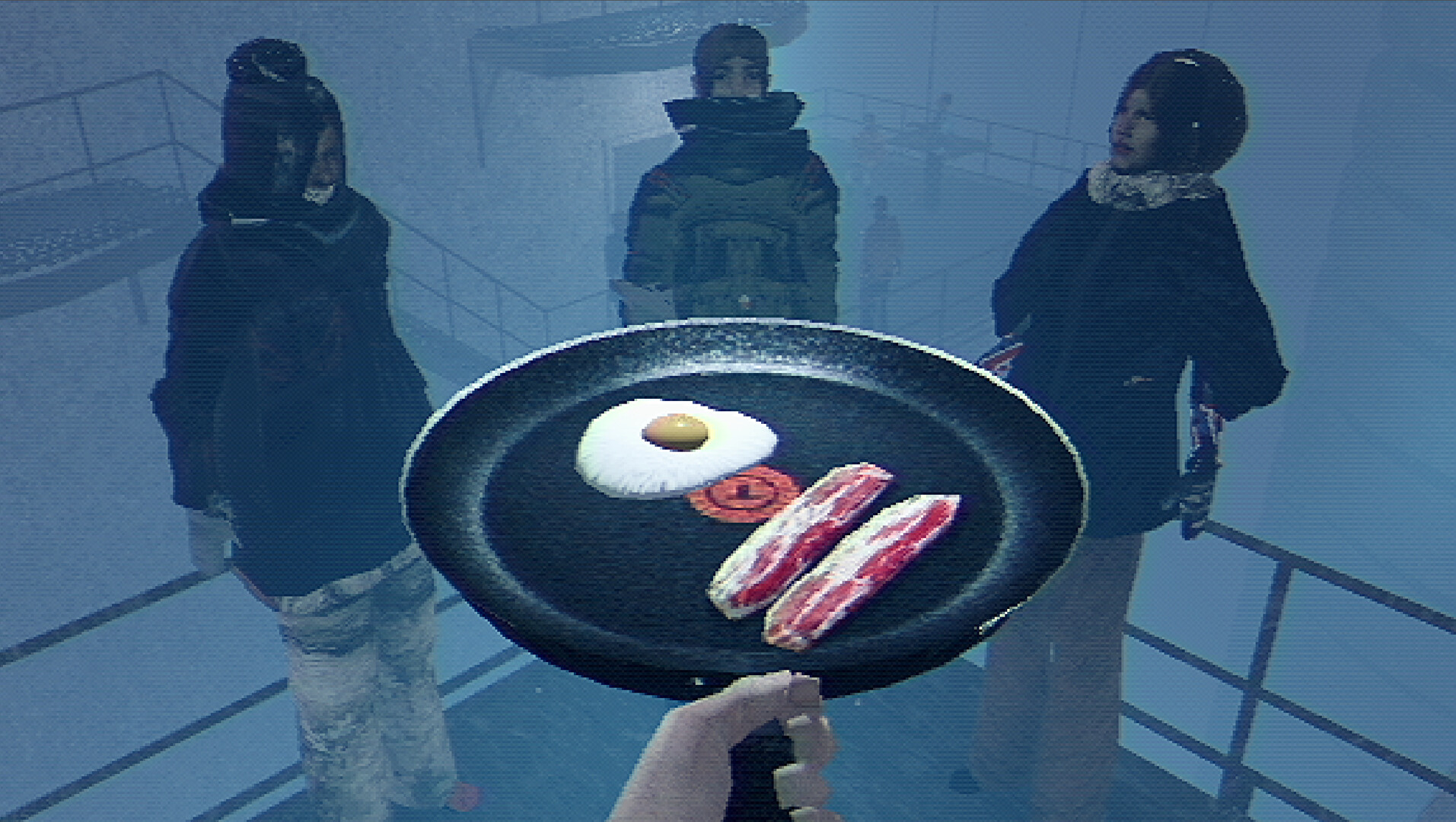 A low-poly videogame scene. Three people in heavy winter clothing stand in the background. In the foreground is a frying pan with an egg and two pieces of bacon.