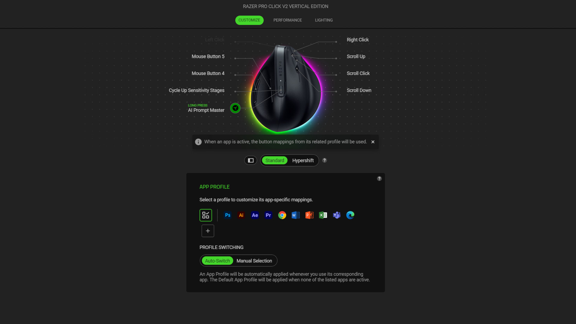 A cropped screenshot of Razer's Synapse application, showing the settings and options for its Pro Click V2 Vertical Edition wireless ergonomic mouse.