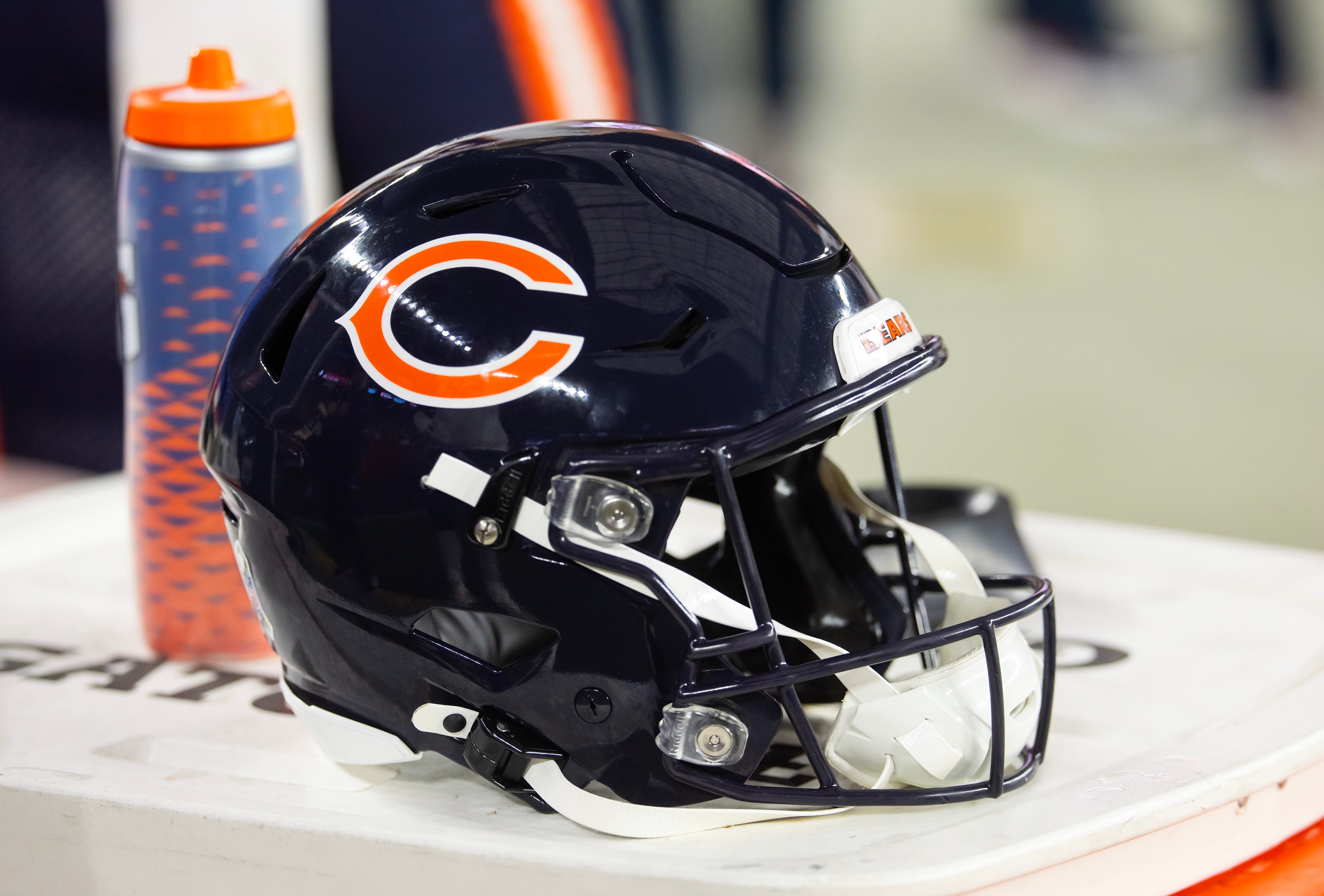 Detailed view of a Chicago Bears helmet.