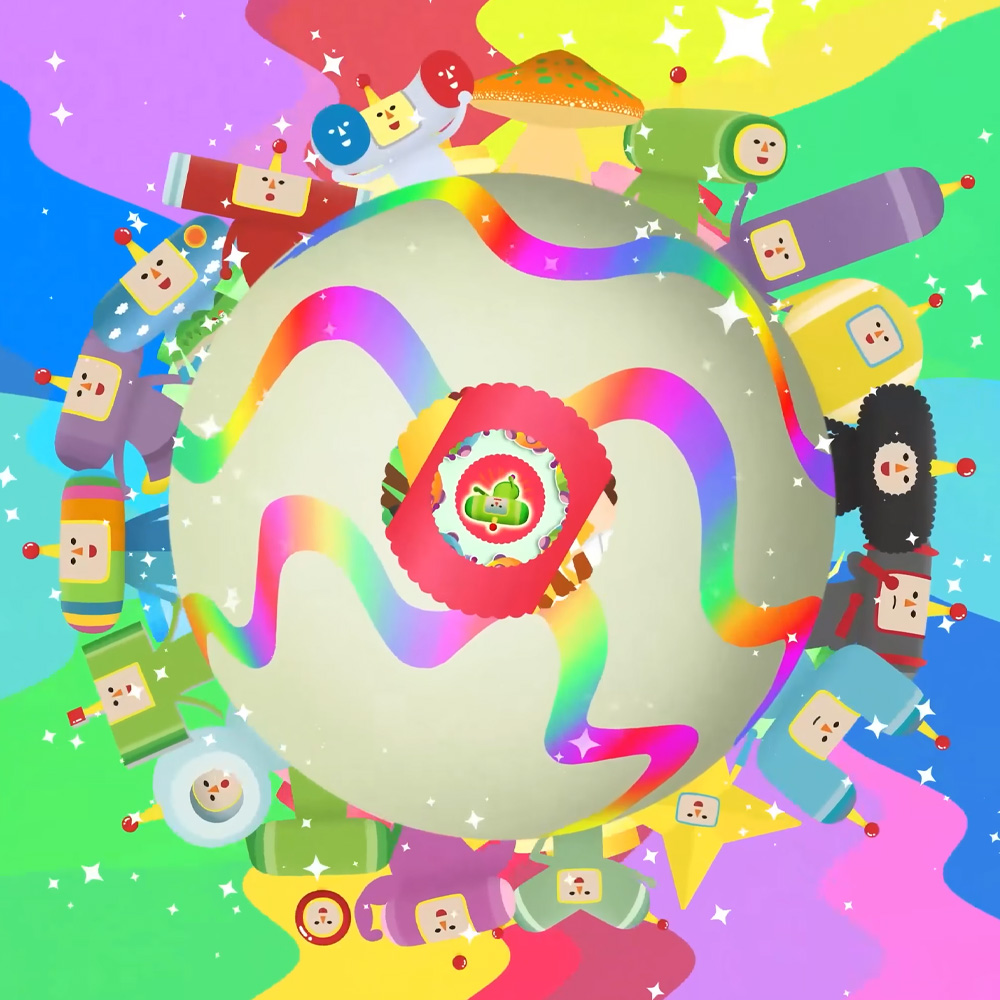Katamari cousins lined up along a colorful plaent in Once Upon a Katamari