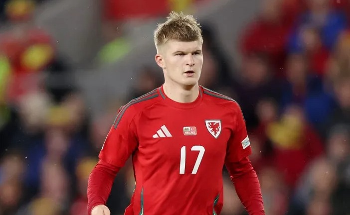 Midfielder Jordan James in action for Wales against Turkiye