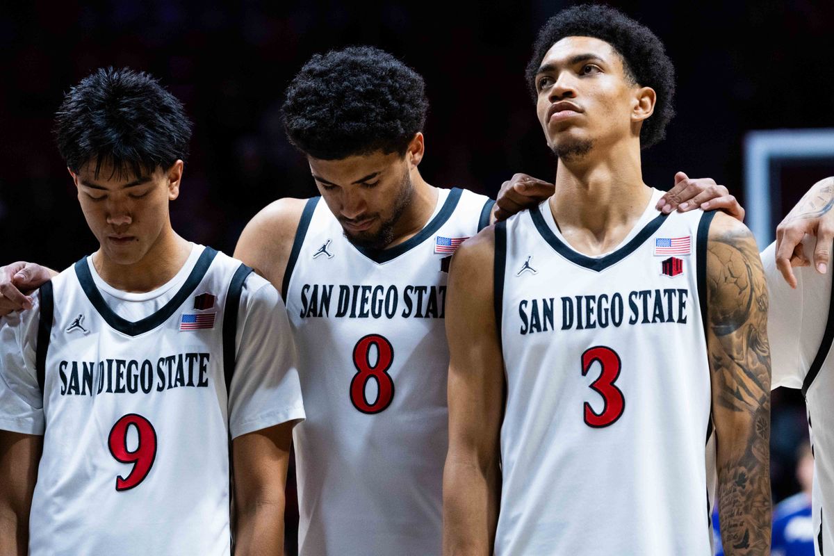 San Diego State forward Tae Simmons (8) stands with guard Elzie Harrington (3) and guard Raymar Gonzales (9) before an NCAA Basketball game between Whittier and San Diego State, Monday December 22, 2025 at Viejas Arena in San Diego, Calif.