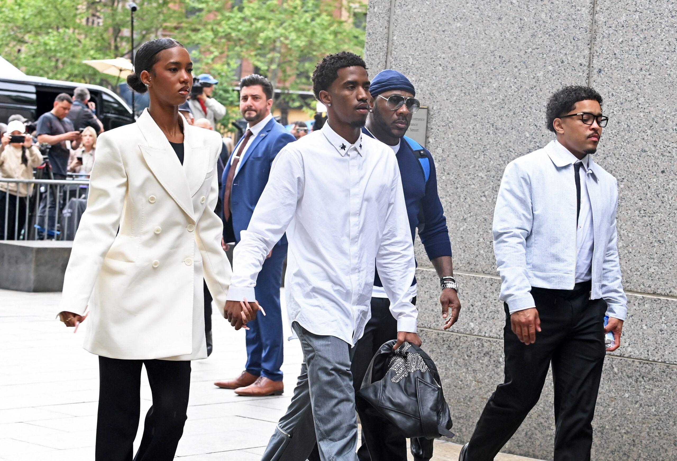 Jessie, King and Justin Combs,(L to R) among other family members and former partners arriving in Federal Court in lower Manhattan to attend the trial of Sean Diddy Combs - P Diddy - who is on trial for charges that include racketeering and allegations the hip-hop pioneer was the leader of a sex crime ring that included drug-fueled sex parties by use of force, threats and violence.