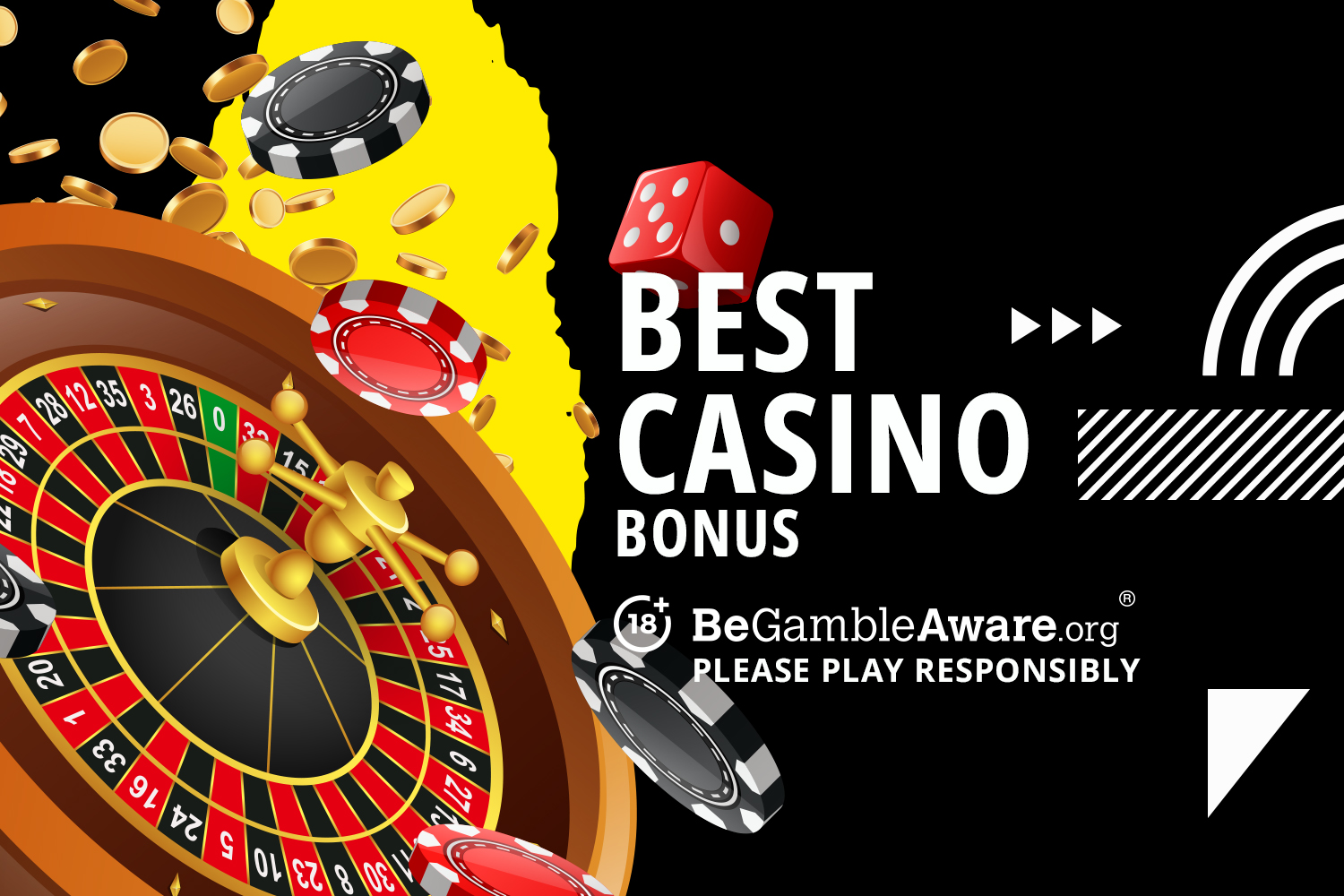 Illustration of casino roulette wheel, chips, dice, and coins with text 