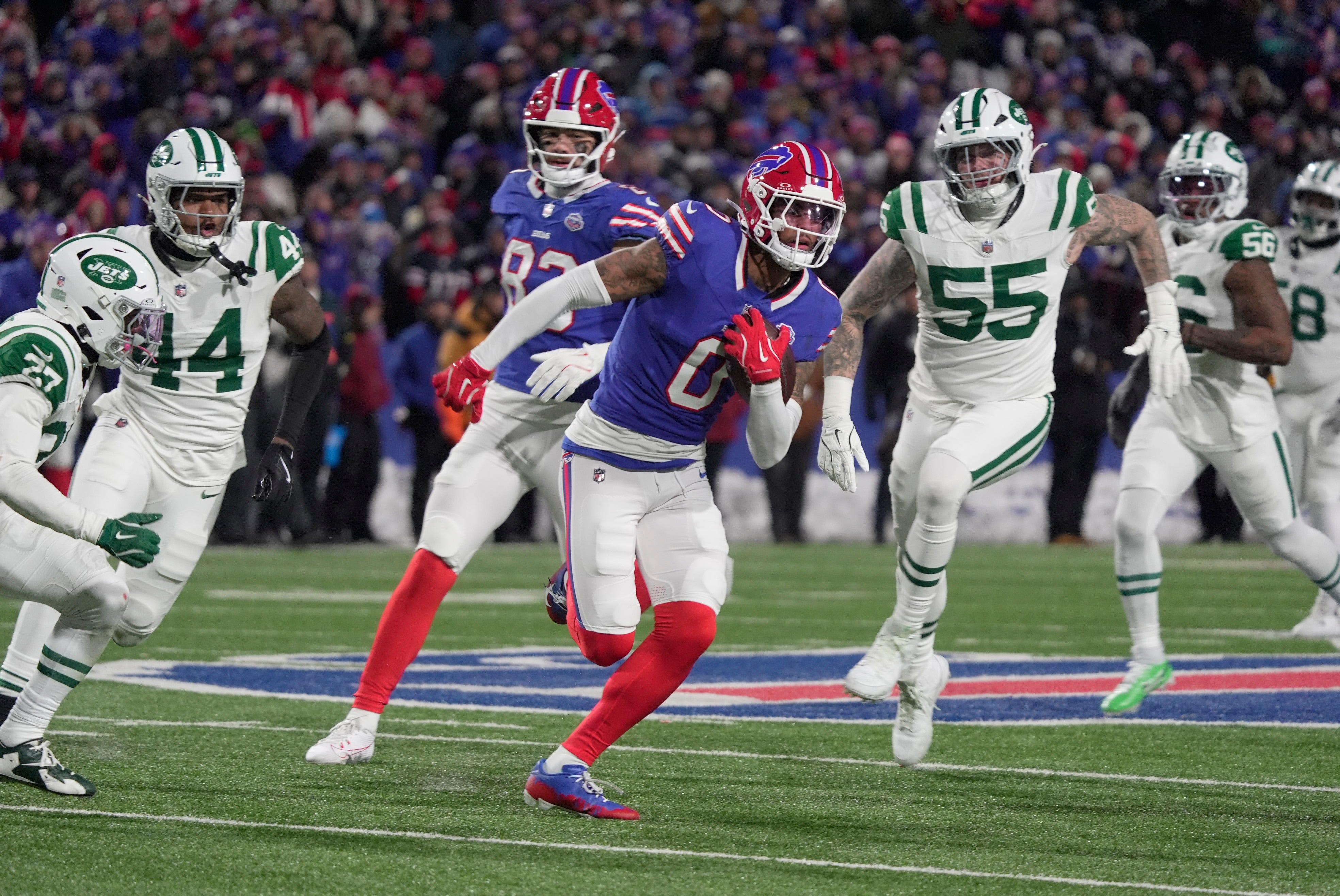 Buffalo Bills wide receiver Keon Coleman gets about seven extra yards on the play after catching a pass in the Bills home game aginst the Jets at Highmark Stadium in Orchard Park on Jan. 4, 2026.