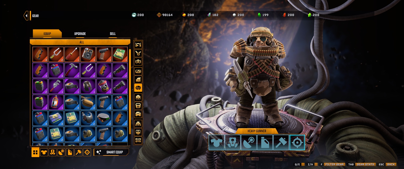 The gear screen in Deep Rock Galactic Survivor, showing a dwarf stood to the right of a menu filled with various loot icons.
