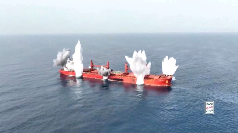Plumes of smoke rise from what is said to be Liberia-flagged, Greek-operated bulk carrier, the MV Magic Seas that was, according to Yemen's Houthis, attacked following an alleged exchange with the captain, off southwest Yemen, in this screen grab taken from a handout video released on July 8, 2025. HOUTHI MEDIA CENTER/Handout via REUTERS THIS IMAGE HAS BEEN SUPPLIED BY A THIRD PARTY