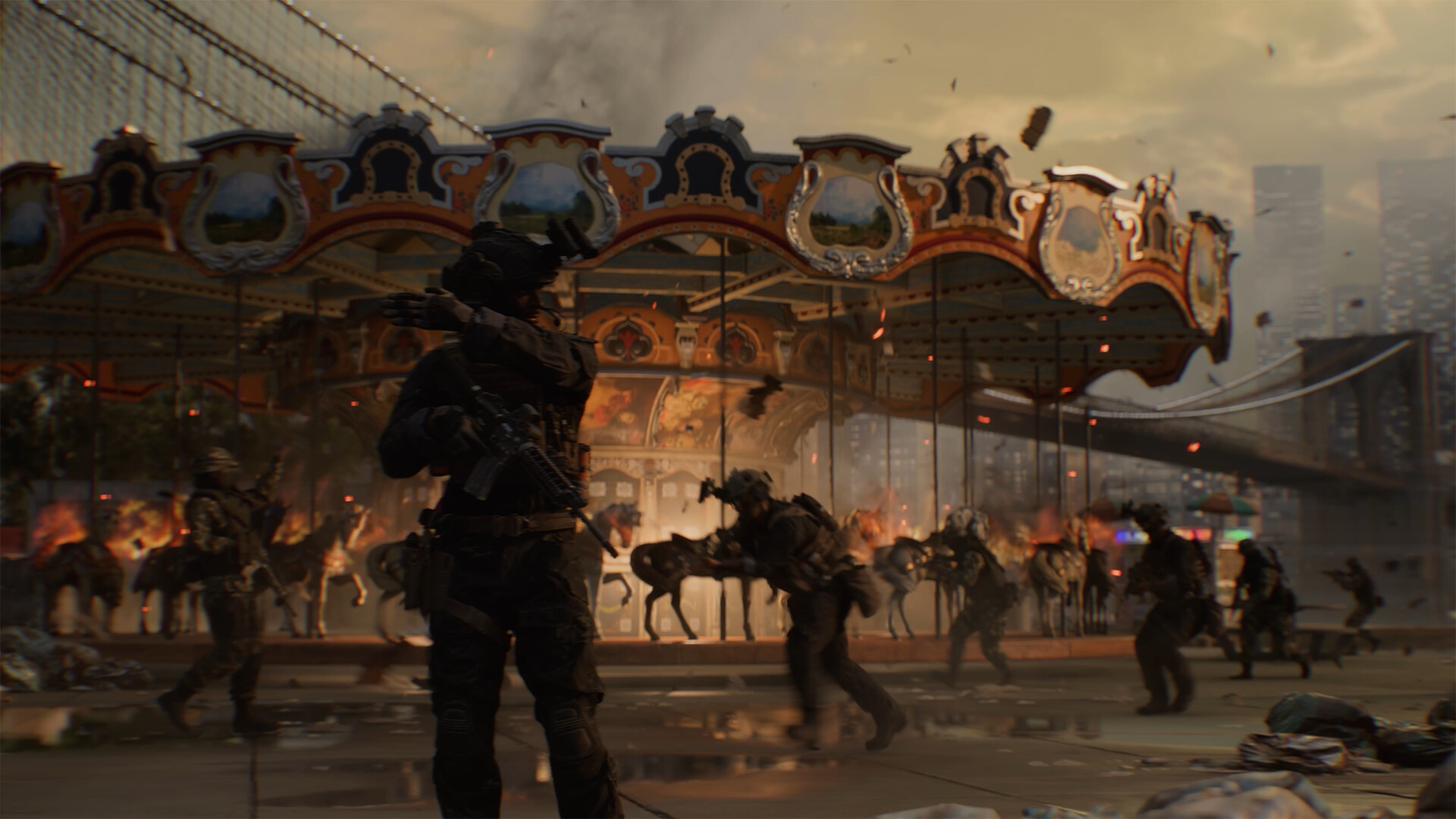 Soldiers march past a flaming carousel in Battlefield 6.