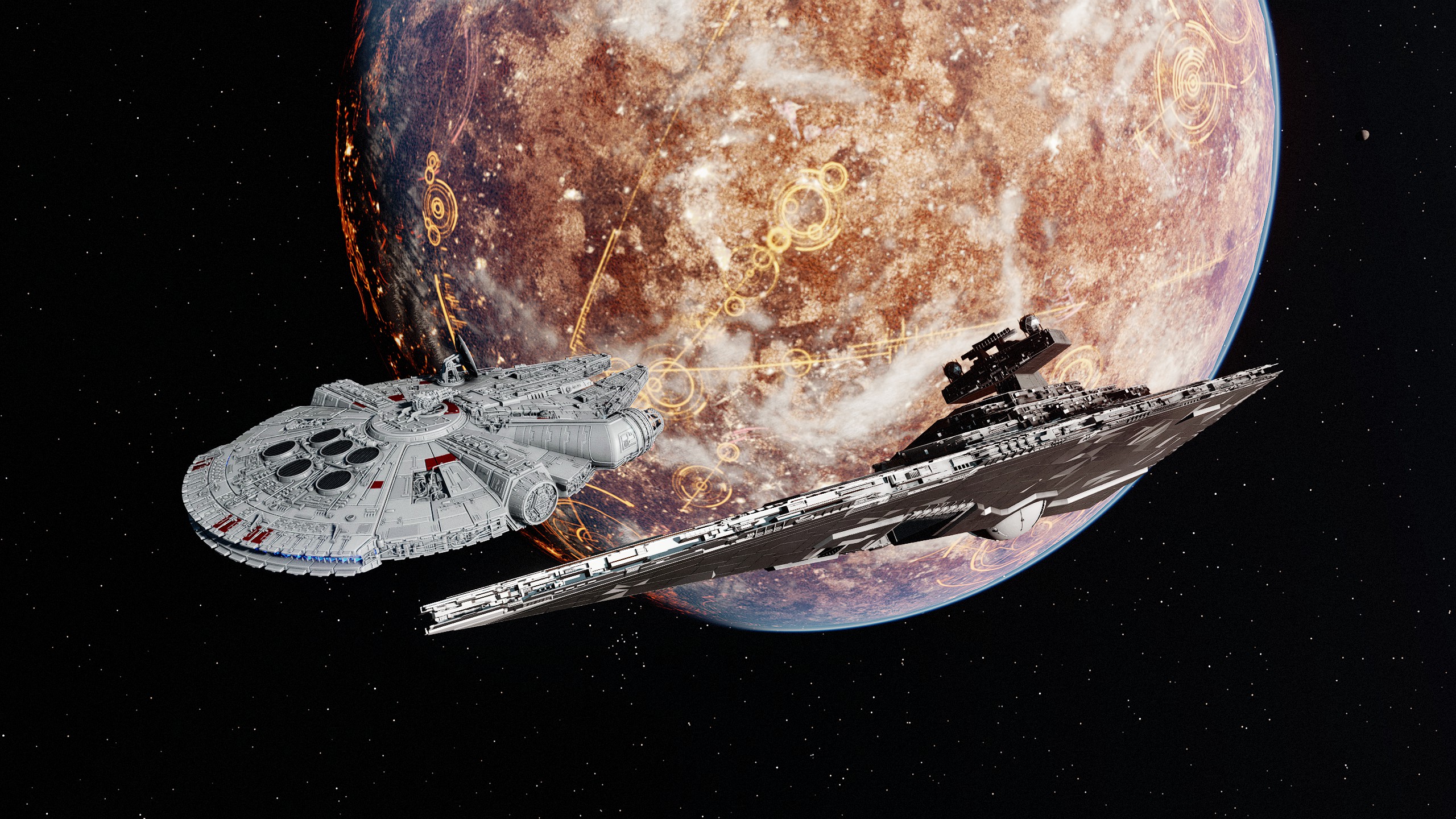 The Millenium Falcon and a star destroyed in space