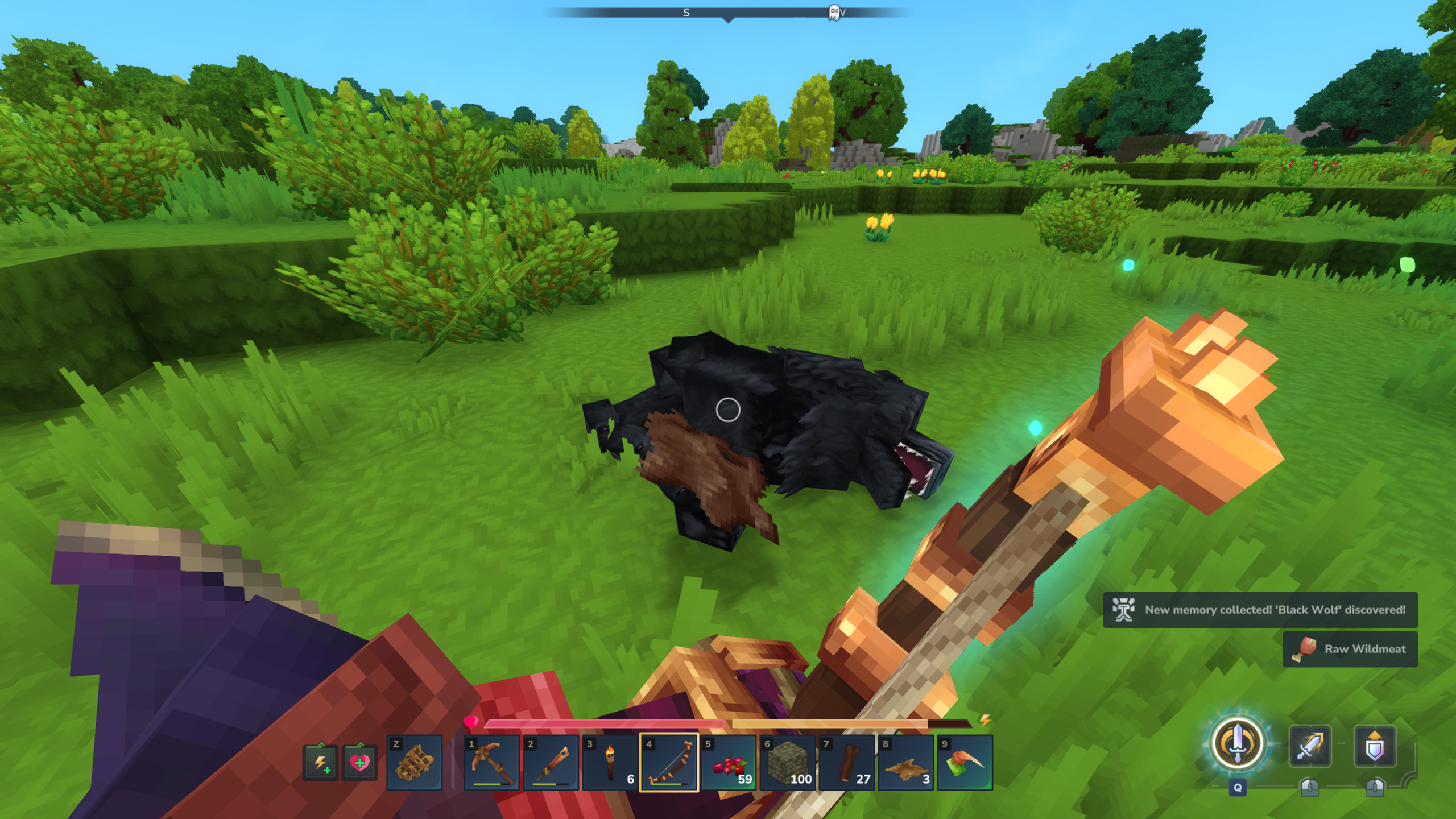 Hytale leather: A player standing over a wolf while holding a copper sword, collecting its medium hide.