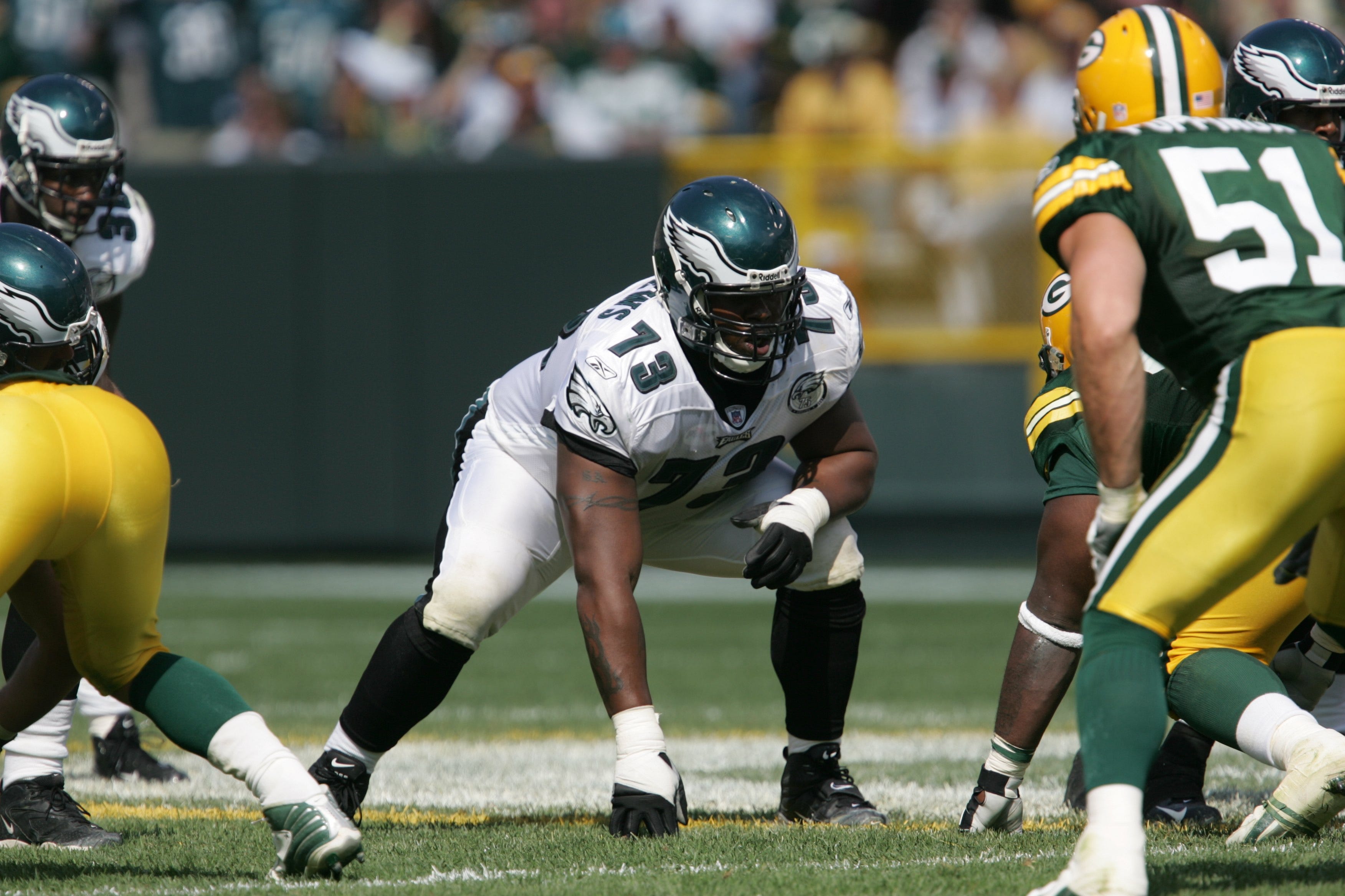 Shawn Andrews of the Philadelphia Eagles awaits the snap against the Green Bay Packers.