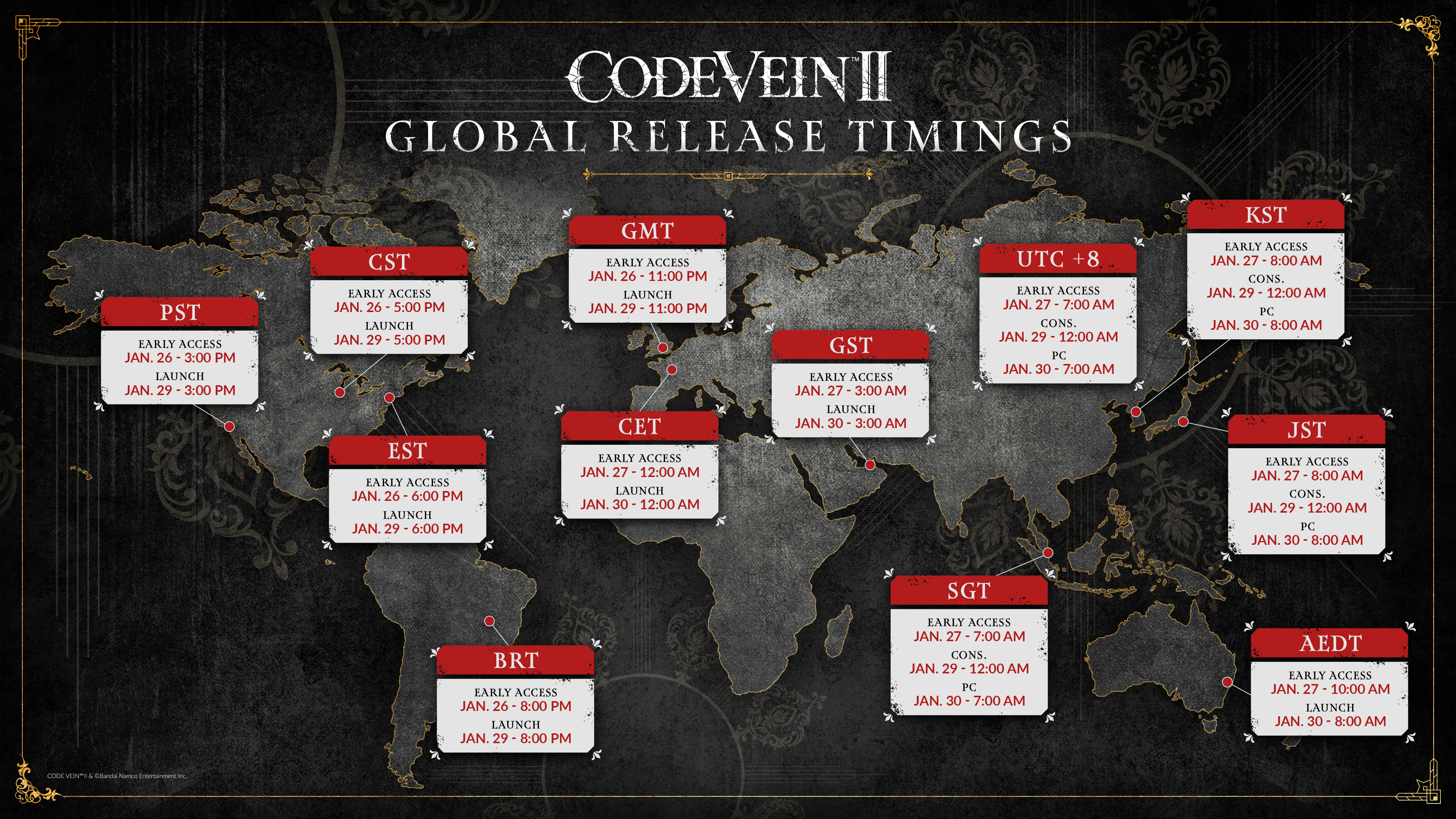 A map showing the Code Vein 2 release times around the world.