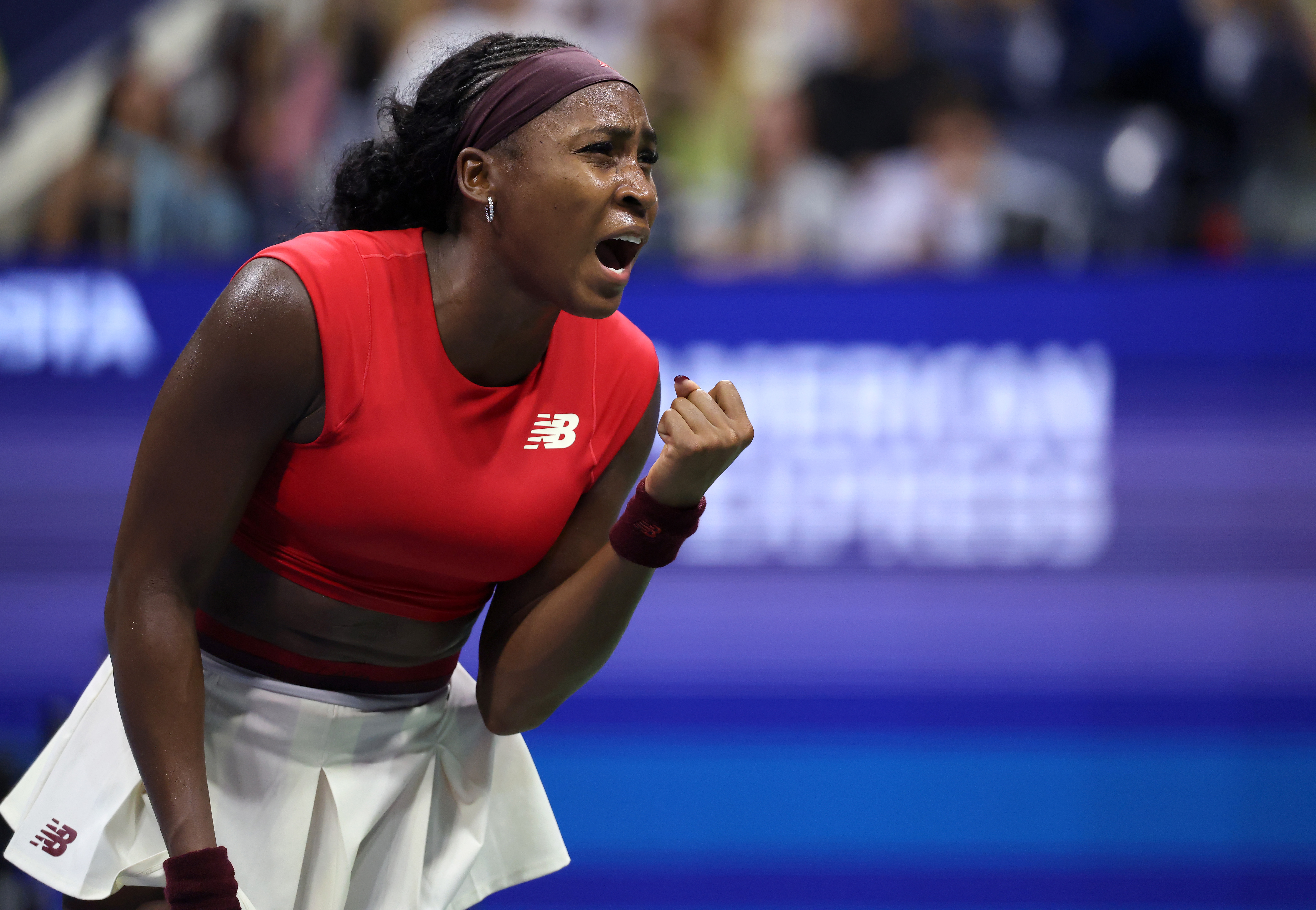 NEW YORK, NEW YORK - AUGUST 26: Coco Gauff of the United States reacts against Ajla Tomljanovic of Australia during their Women's Singles First Round match on Day Three of the 2025 US Open at USTA Billie Jean King National Tennis Center on August 26, 2025 in the Flushing neighborhood of the Queens borough of New York City. (Photo by Mike Stobe/Getty Images)