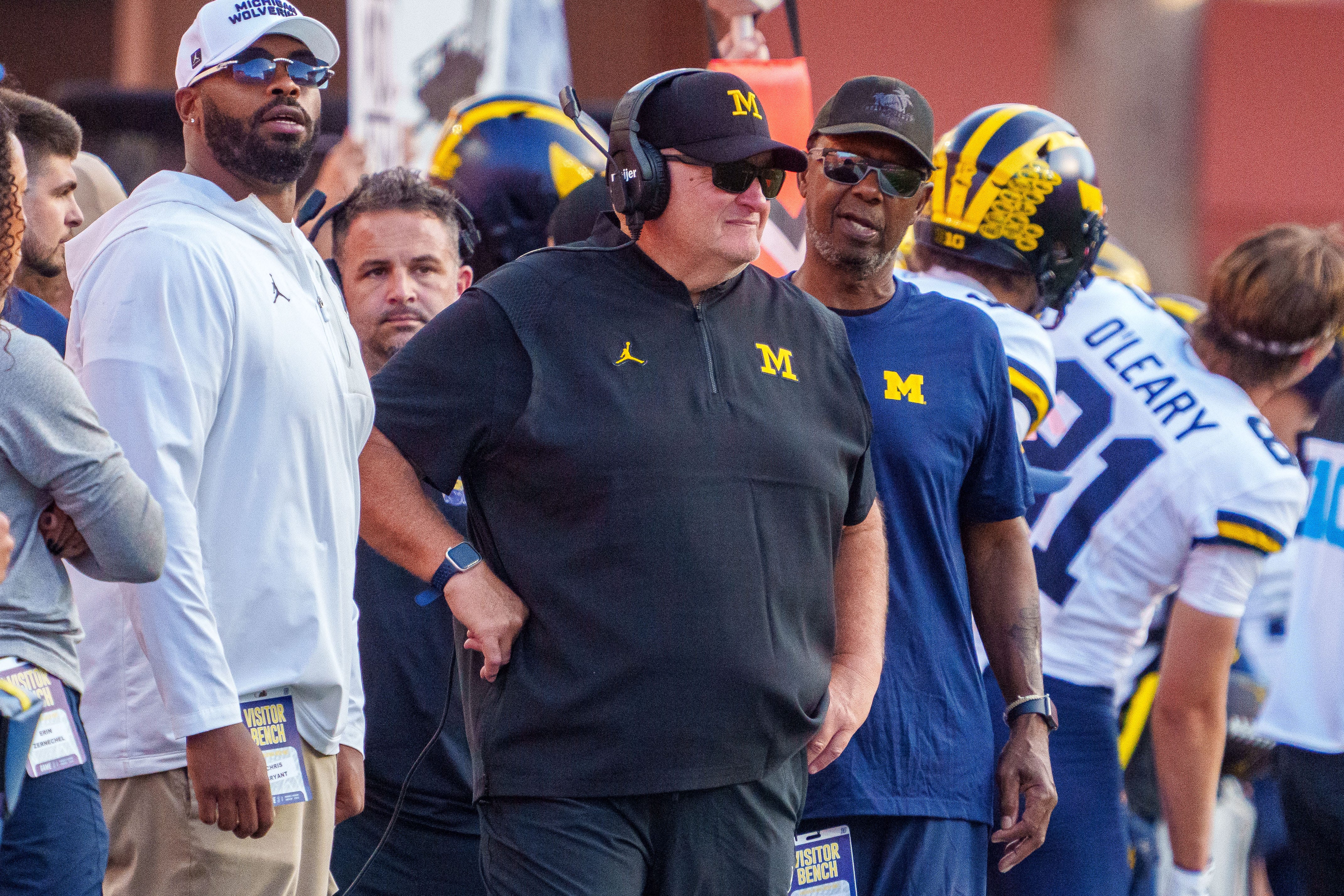Michigan Wolverines acting head coach Biff Poggi watches during the fourth quarter against the Nebraska Cornhuskers at Memorial Stadium, Sept. 20, 2025 in Lincoln, Nebraska.