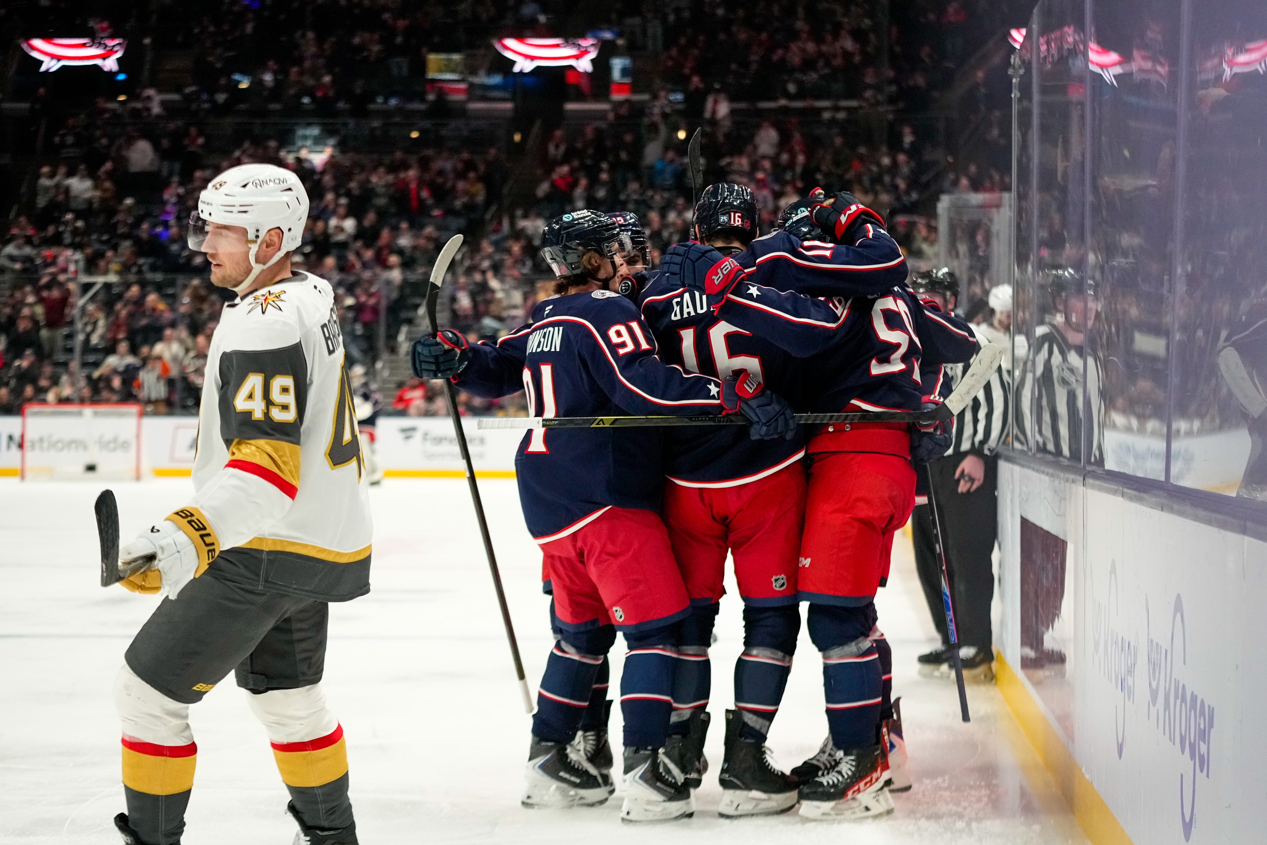 Columbus Blue Jackets celebrate after Yegor Chinakhov scored a goal in the third period of the NHL game at Nationwide Arena on Saturday, Dec. 13, 2025 in Columbus, Ohio.