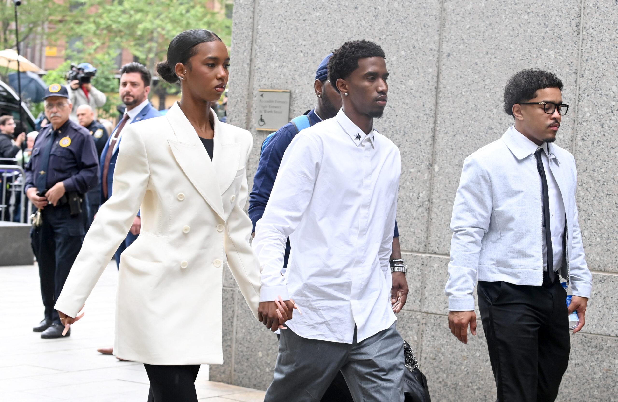 Jessie, King and Justin Combs,(L to R) among other family members and former partners arriving in Federal Court in lower Manhattan to attend the trial of Sean Diddy Combs - P Diddy - who is on trial for charges that include racketeering and allegations the hip-hop pioneer was the leader of a sex crime ring that included drug-fueled sex parties by use of force, threats and violence.