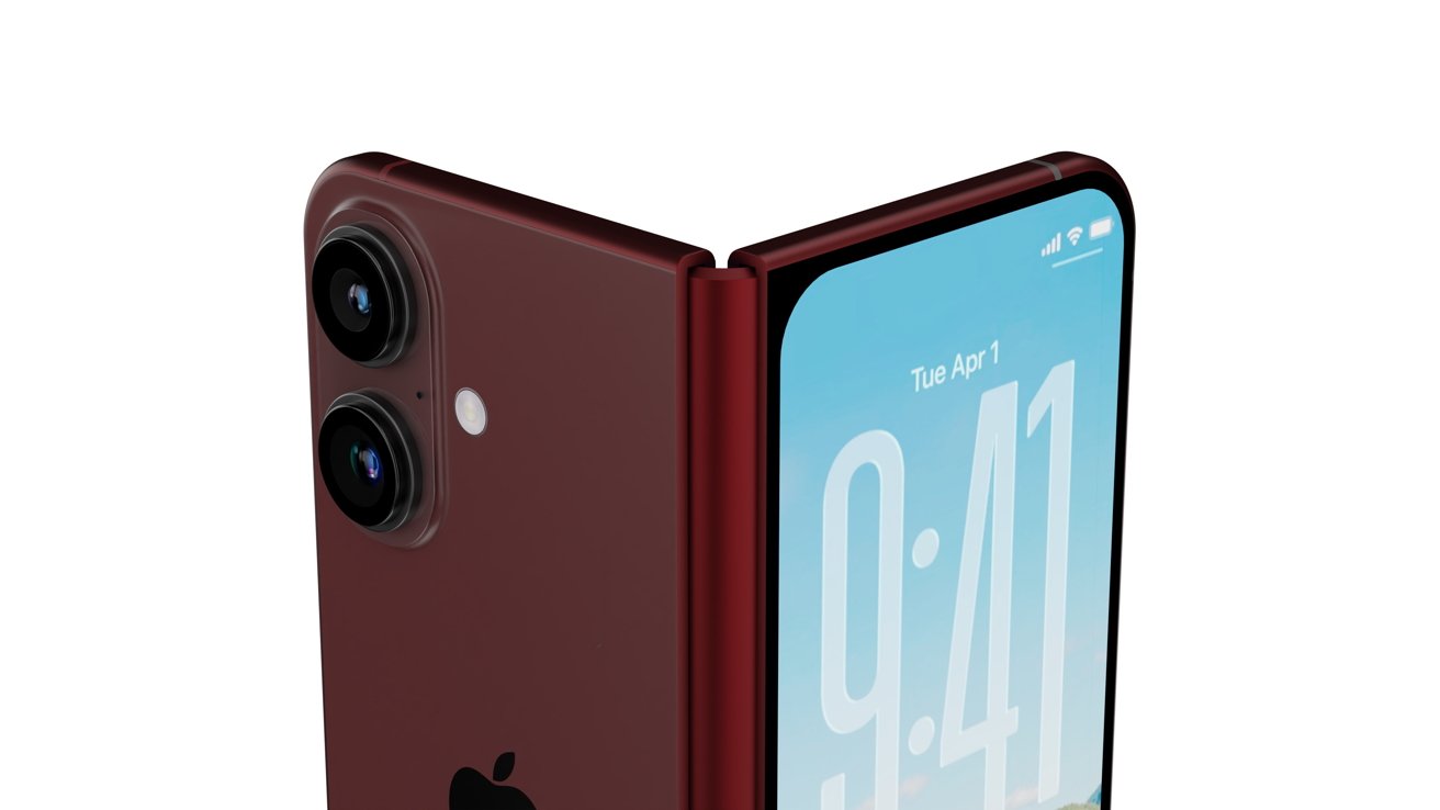 A red foldable smartphone partially open, displaying a screen with large numbers. Two camera lenses are visible on the back.