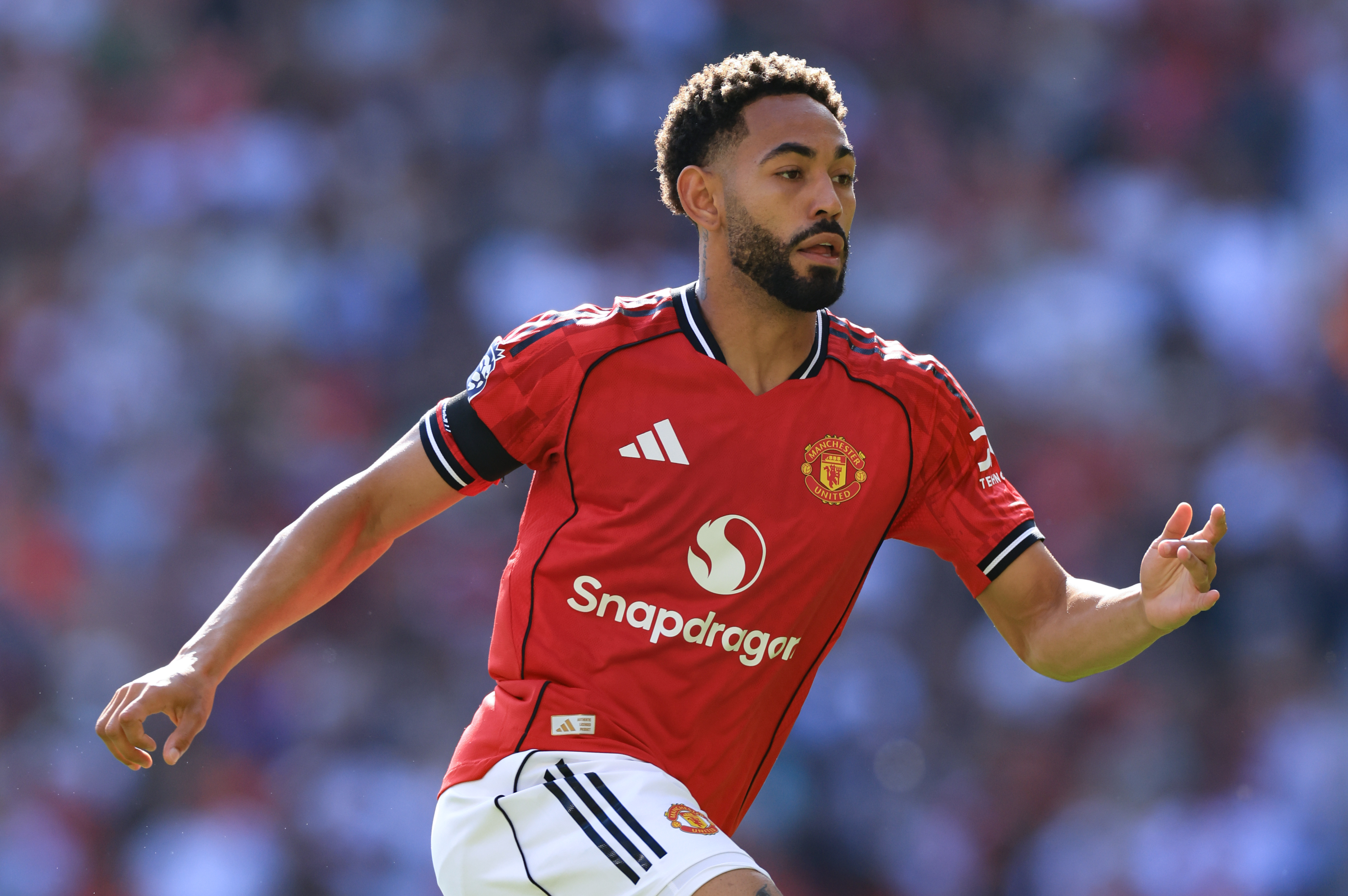 MANCHESTER, ENGLAND - AUGUST 17: Matheus Cunha of Manchester United during the Premier League match between Manchester United and Arsenal at Old Trafford on August 17, 2025 in Manchester, England. (Photo by Marc Atkins/Getty Images)