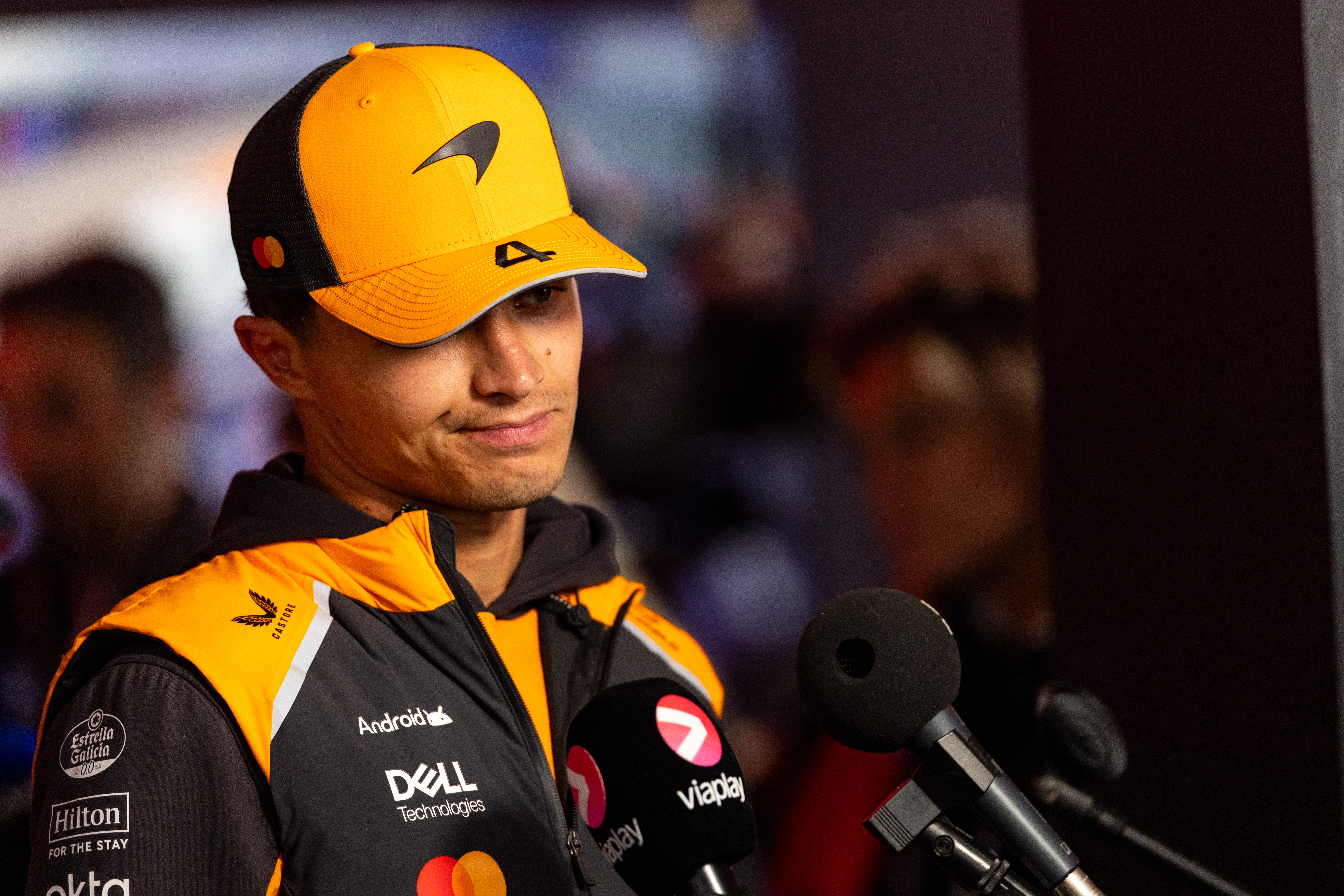 ZANDVOORT, NETHERLANDS - AUGUST 31: Lando Norris of Great Britain and McLaren speaks in the media pen during the F1 Grand Prix of Netherlands at Circuit Zandvoort on August 31, 2025 in Zandvoort, Netherlands. (Photo by Kym Illman/Getty Images)